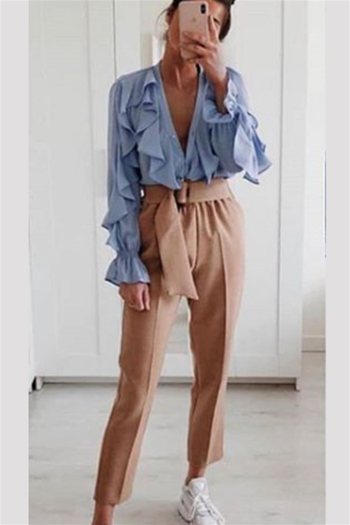 Volanlı Bluz Taba Pantalon Takım