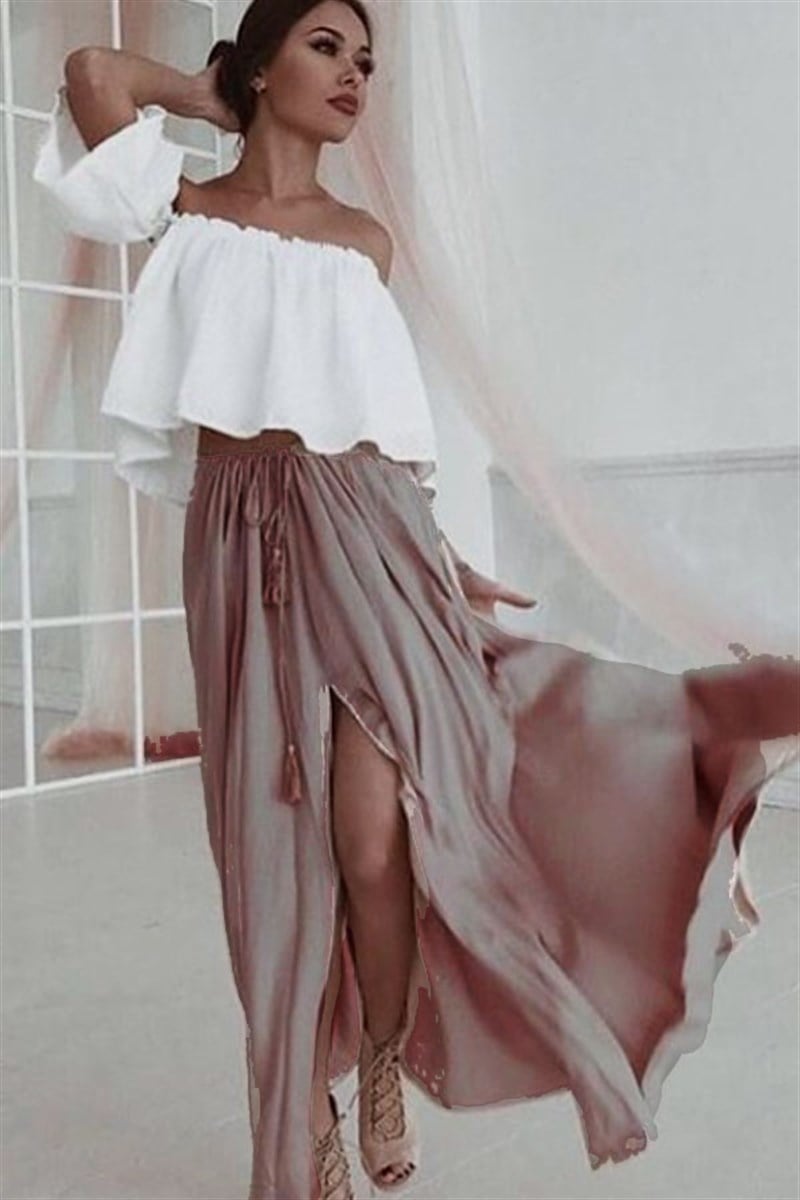 Volanlı Madonna Bluz Maxi Taba Etek Takım