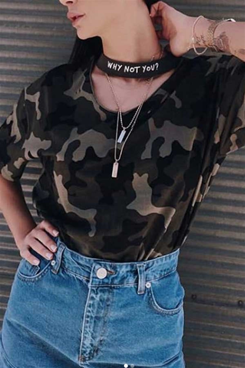 Why Not Dekolteli Kamuflaj Tshirt