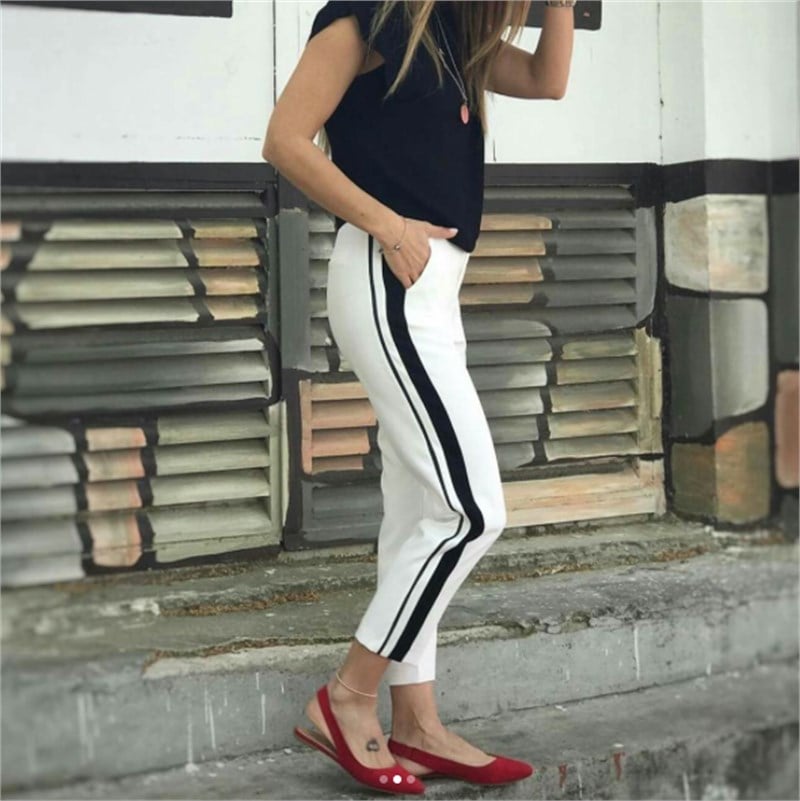 Yanı Şeritli Beyaz Havuç Pantalon