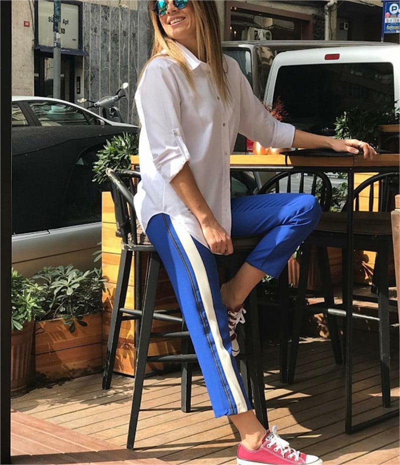 Yanı Şeritli Sax Mavisi Havuç Pantalon