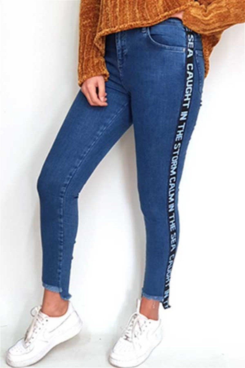Yanı Yazı Şeritli Skinny Kot