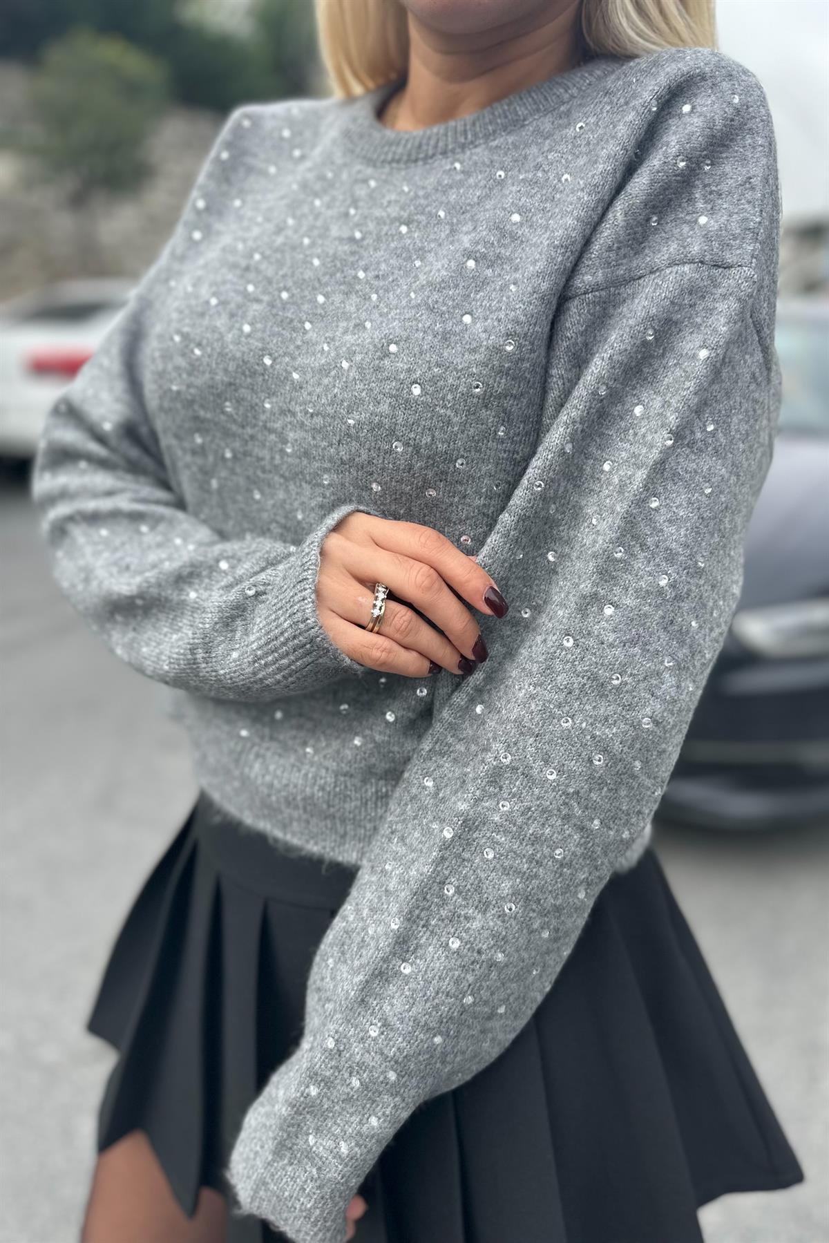 Yapıştırma Taşlı Gri KazakKAZAK