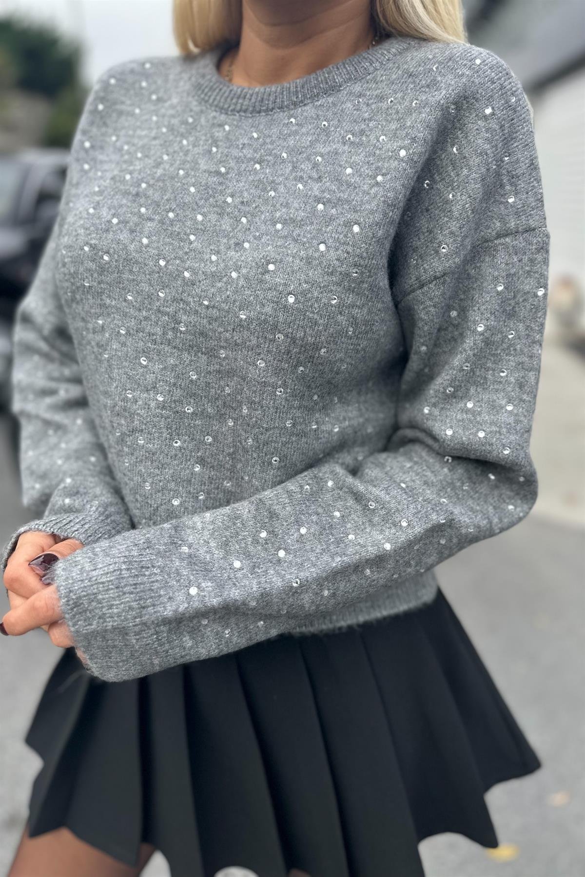 Yapıştırma Taşlı Gri KazakKAZAK