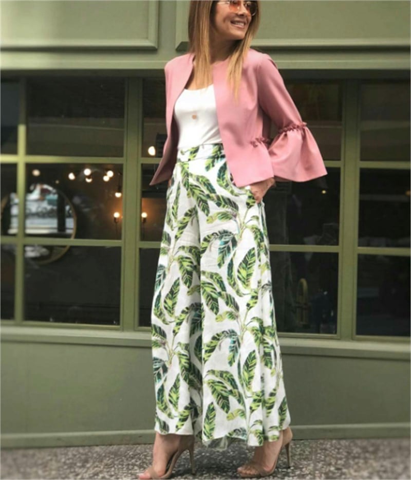 Yeşil Yapraklı Bol Paça Pantalon