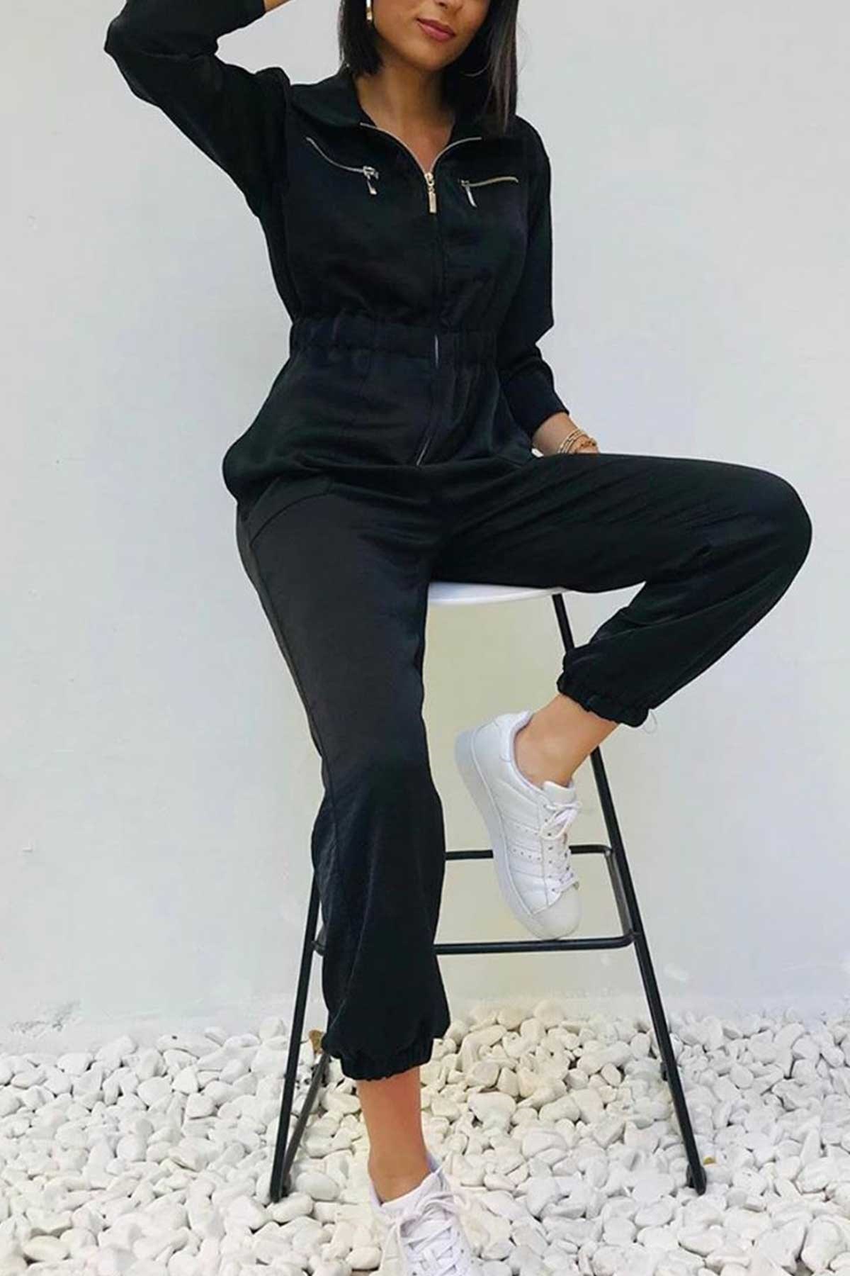 Yarım Fermuarlı Beli Paçası Lastikli Pamuk Saten Tulum