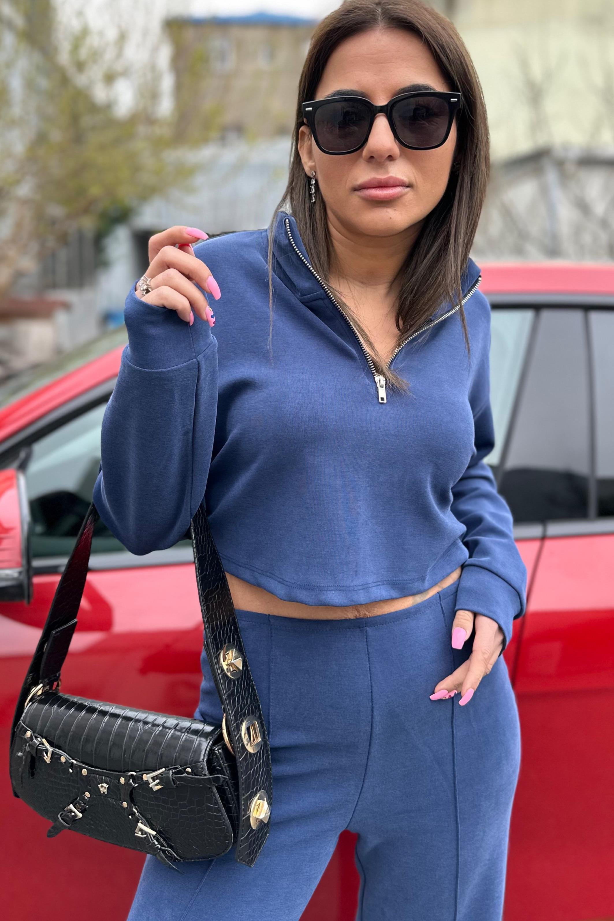 Yarım Fermuarlı Modal Mini İndigo Mavi Swatshirt YENİ GELENLER