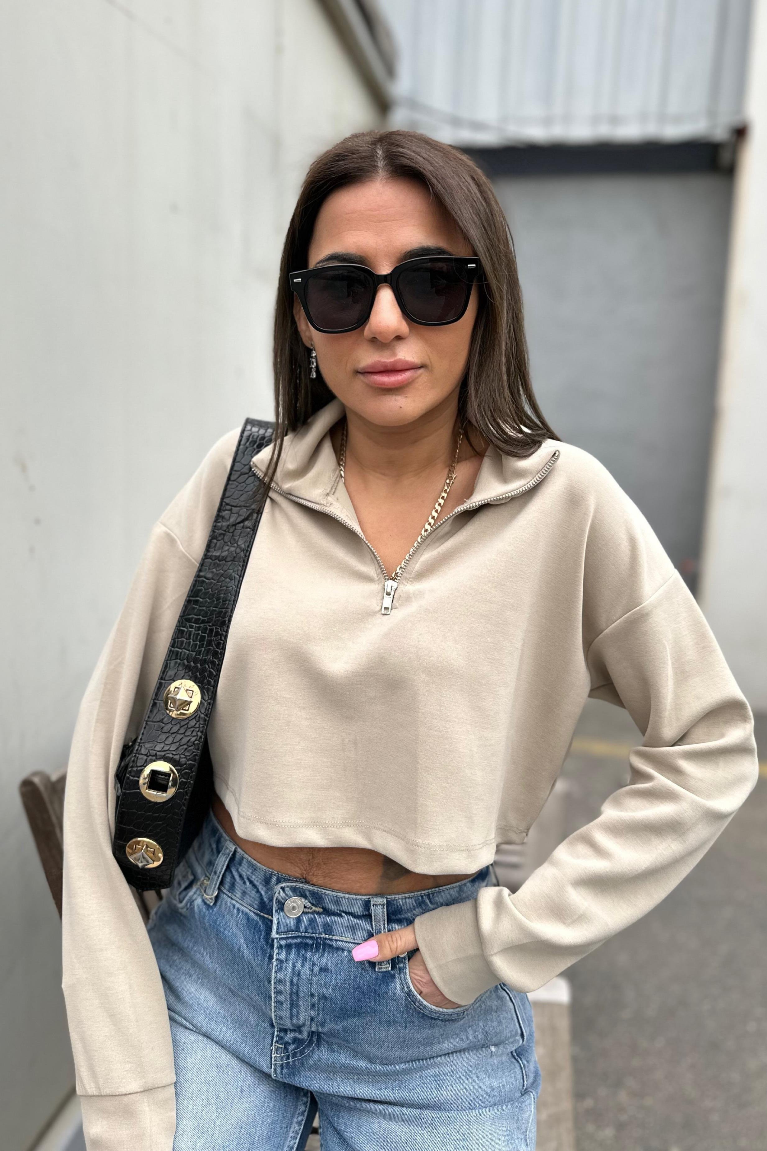 Yarım Fermuarlı Modal Mini Koyu Bej Swatshirt YENİ GELENLER