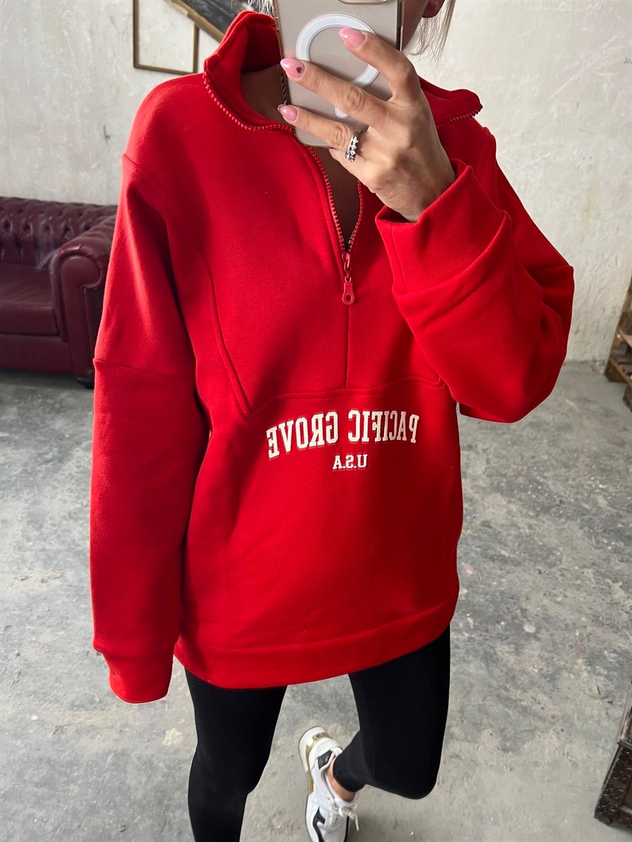 Yarım Fermuarlı Orjinal Marka Kırmızı SweatshirtSWEATSHİRT