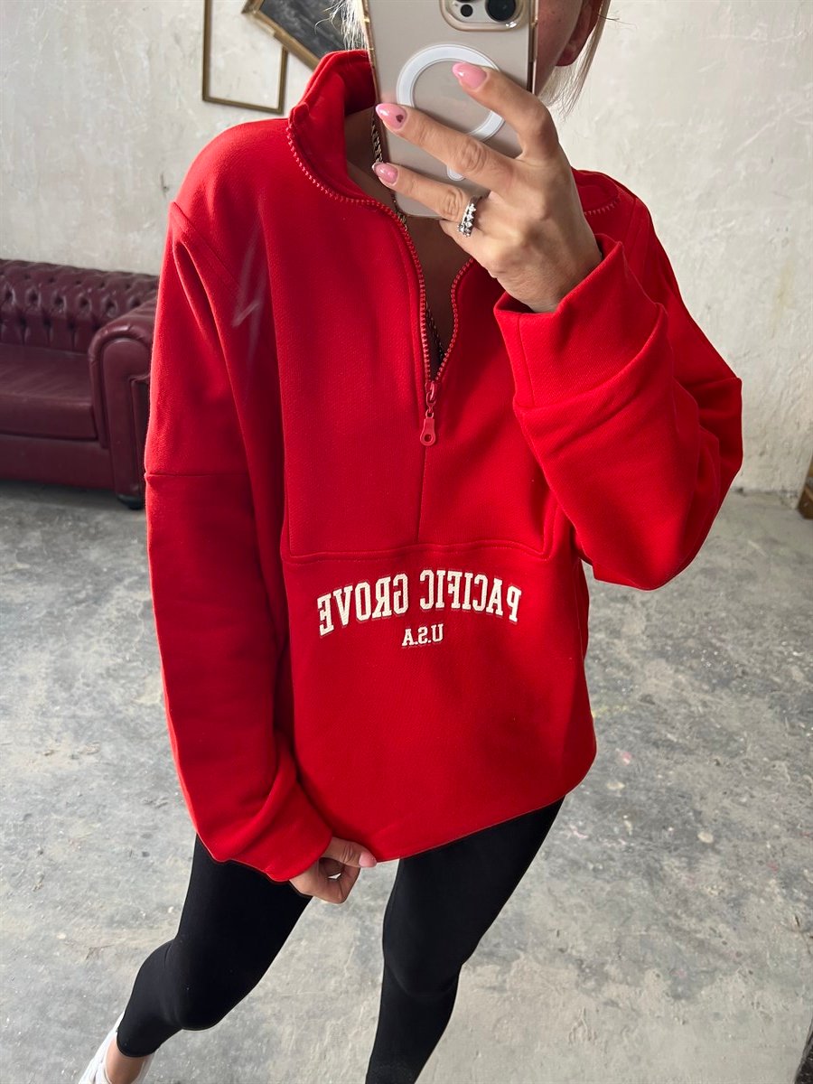 Yarım Fermuarlı Orjinal Marka Kırmızı SweatshirtSWEATSHİRT