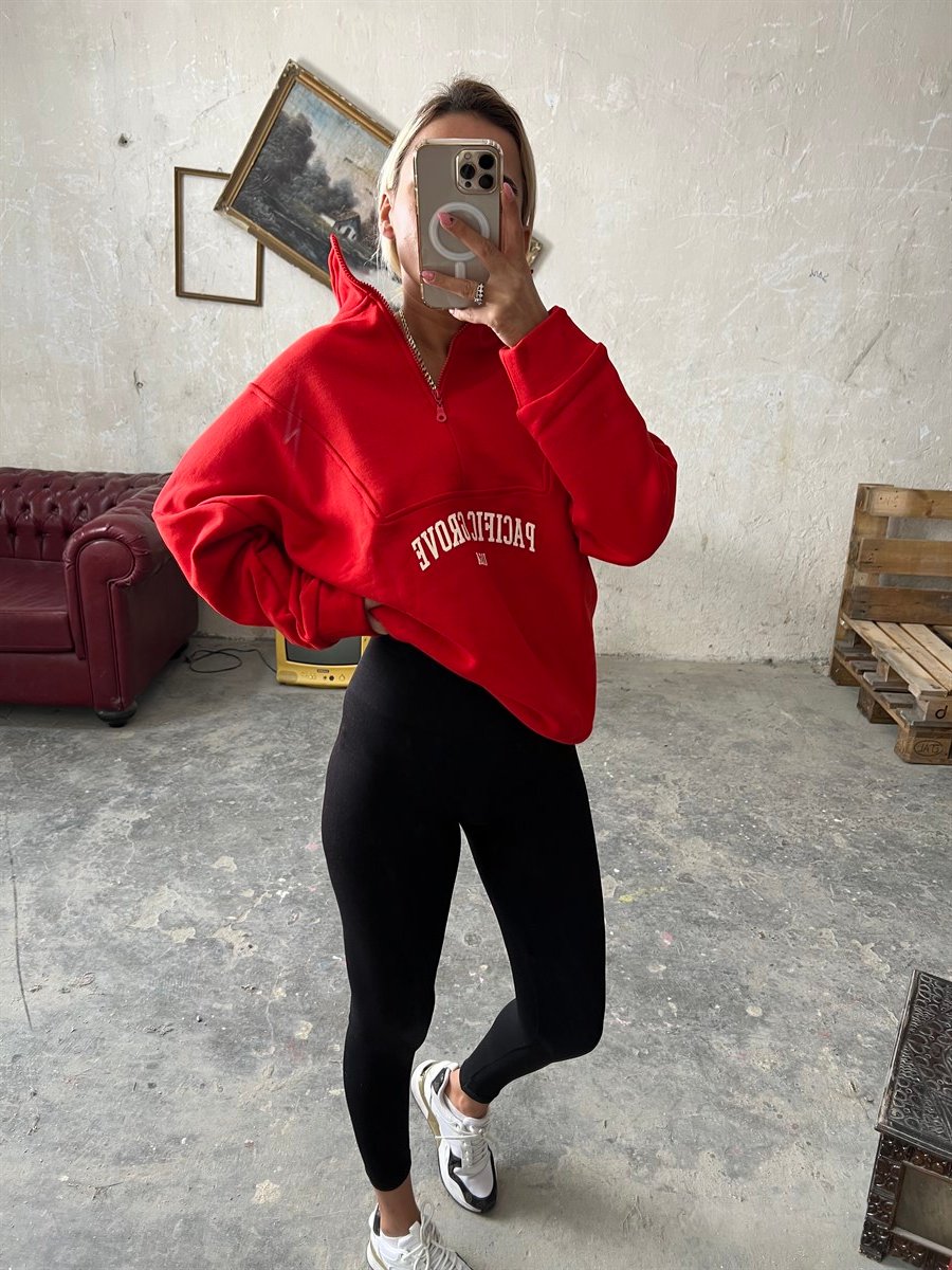 Yarım Fermuarlı Orjinal Marka Kırmızı SweatshirtSWEATSHİRT