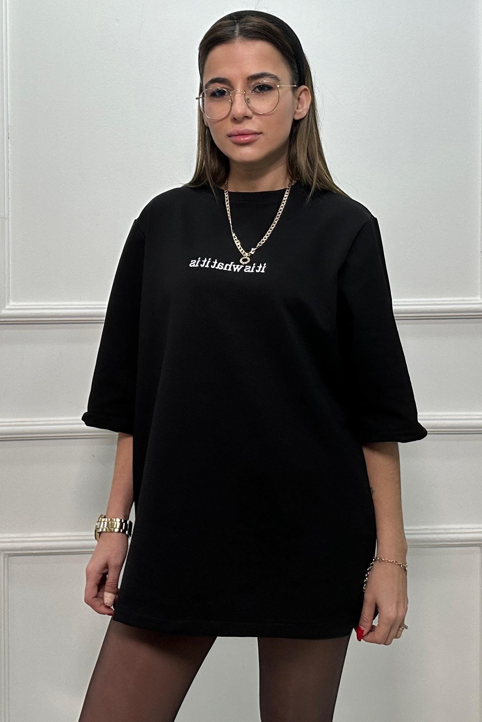 Yazı Nakışlı Siyah Tunik TshirtTSHİRT