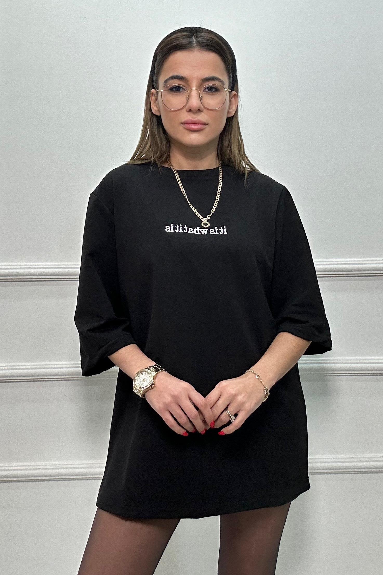 Yazı Nakışlı Siyah Tunik TshirtTSHİRT