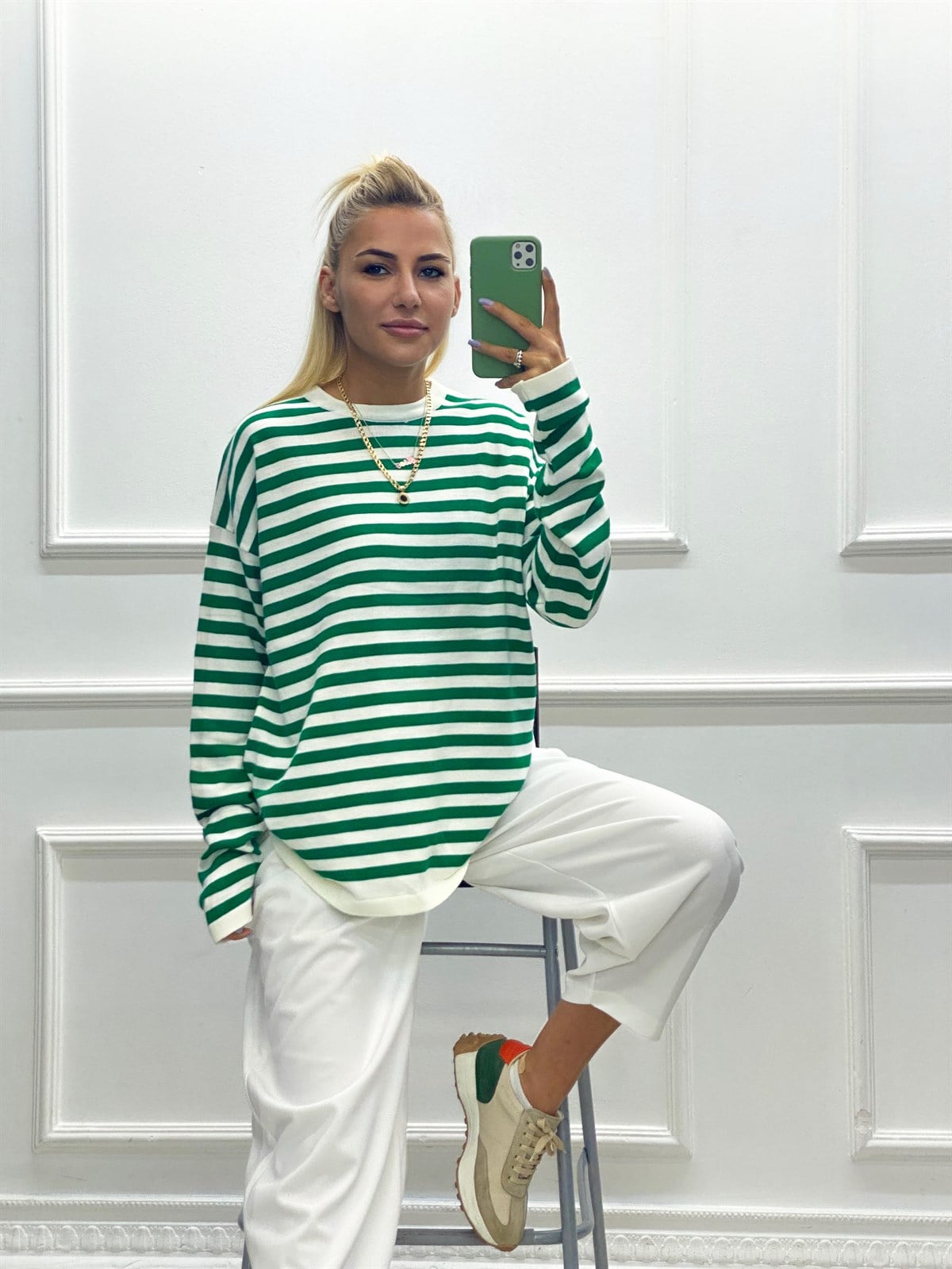 Yeşil Çizgili Oversize Triko KazakKAZAK