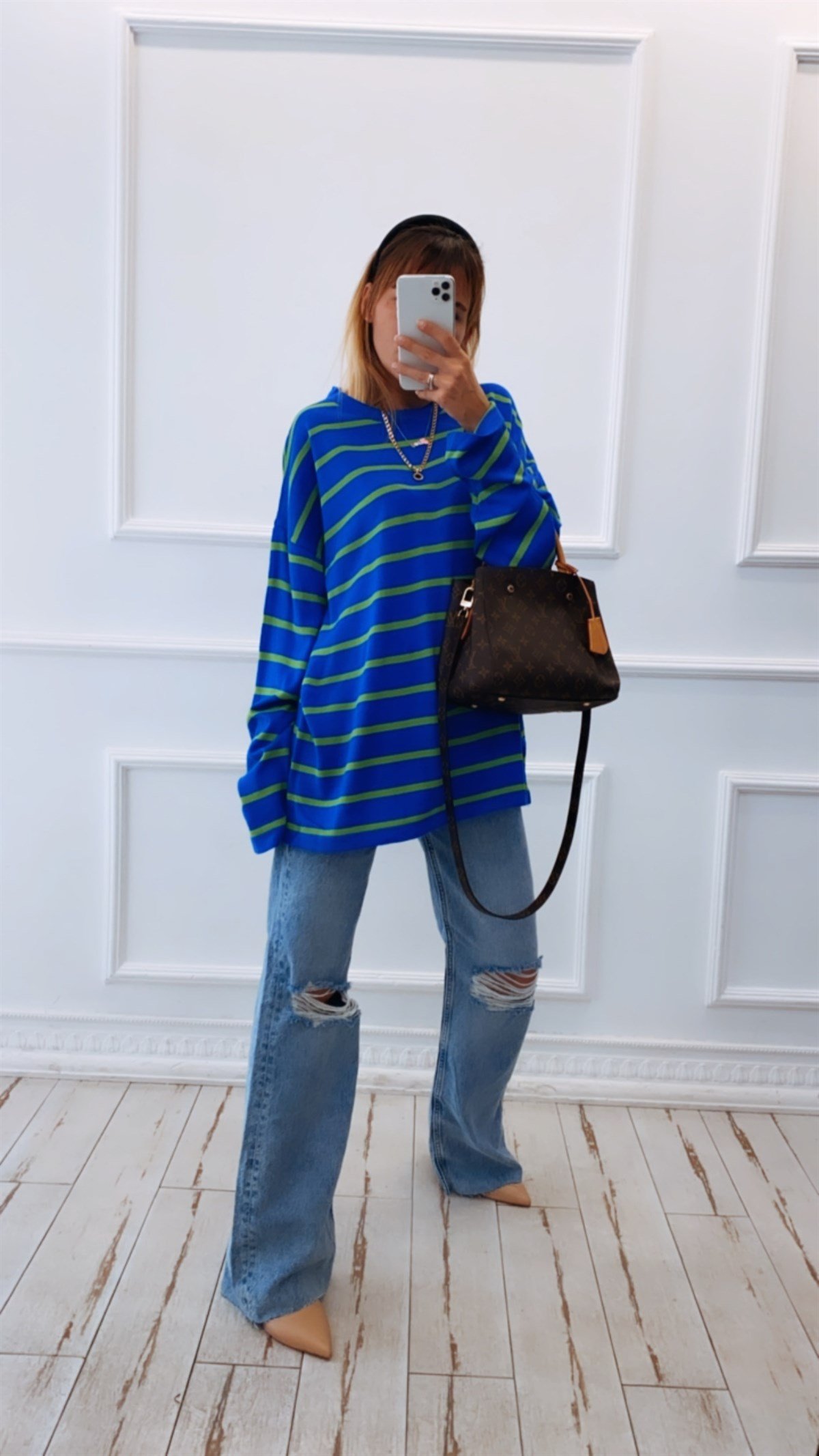 Yeşil Mavi Çizgili Oversize Triko Kazak