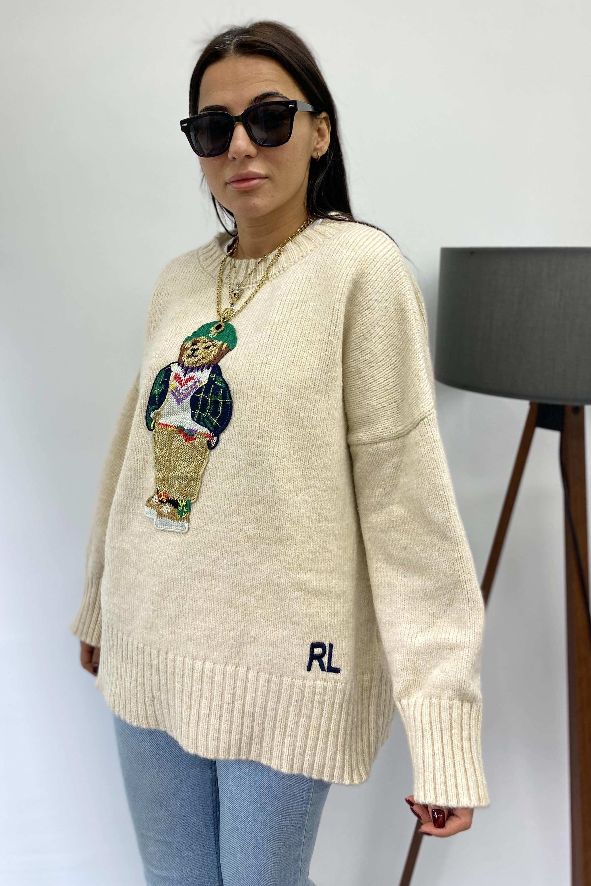 Yeşil Şapkalı Bej Ayıcıklı Oversize KazakKAZAK