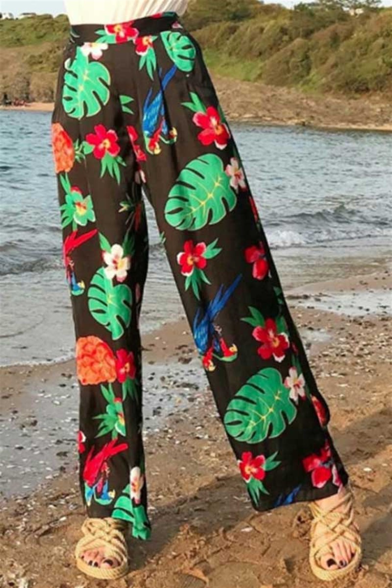 Yeşil Yaprak Desenli Salaş Pantalon