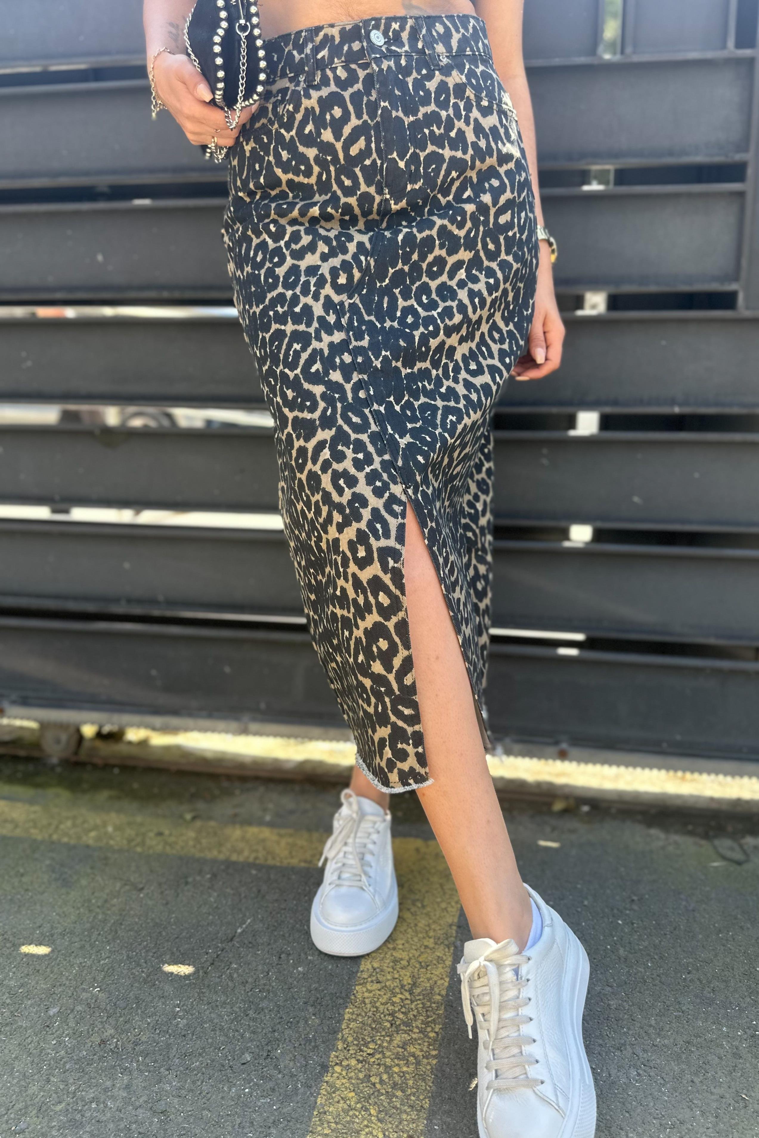 Yırtmaç Detay Leopar Midi EtekETEK