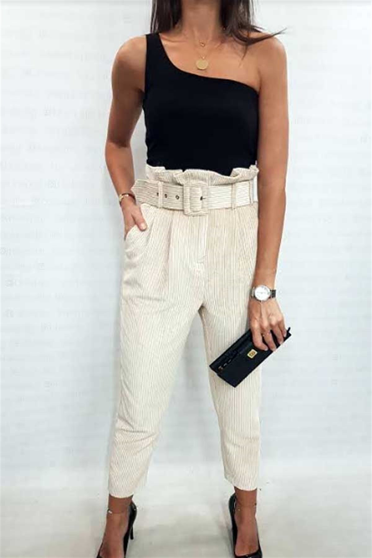 Yüksek Bel Kemerli Fitilli Kadife Pantalon