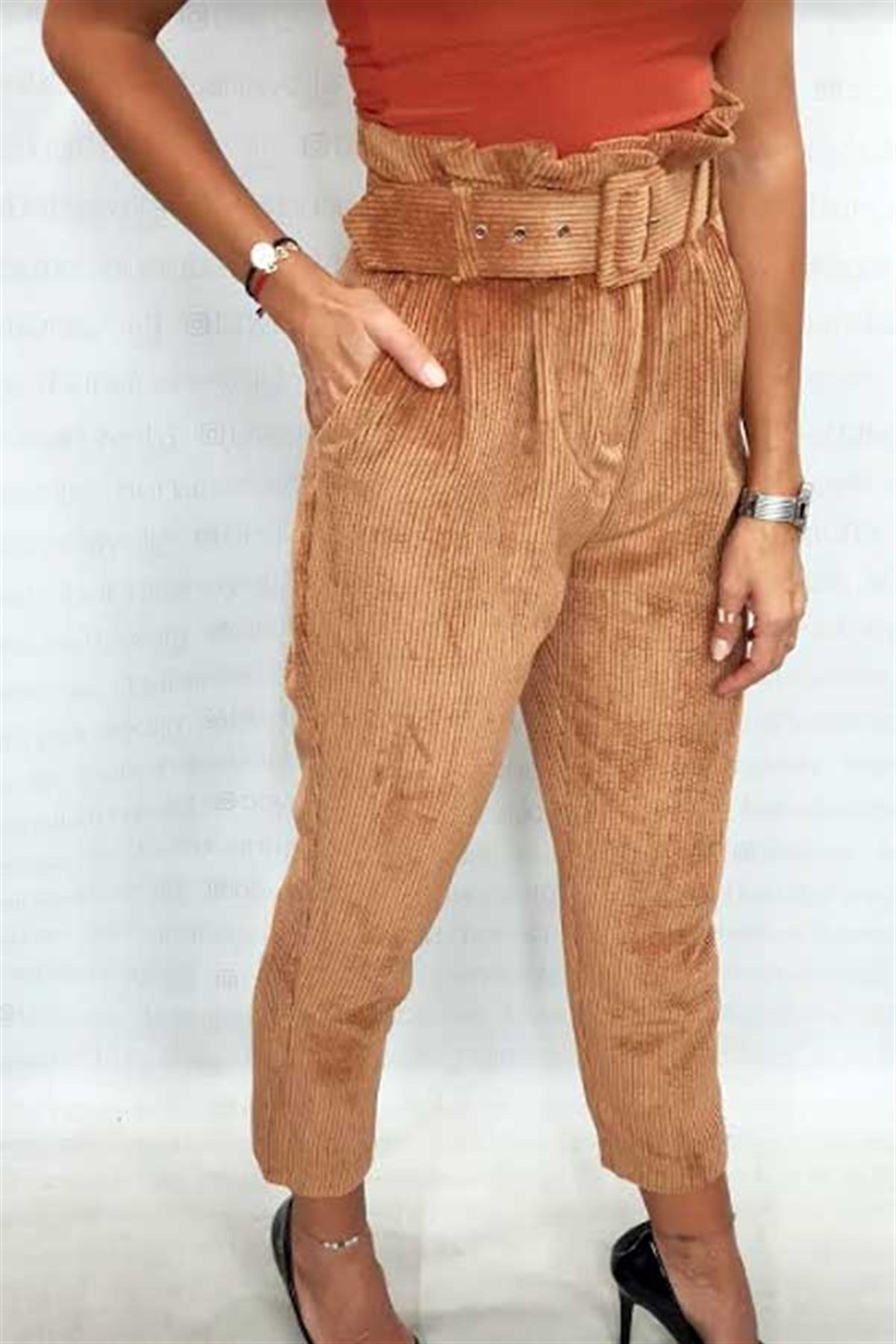 Yüksek Bel Kemerli Fitilli Kadife Pantalon