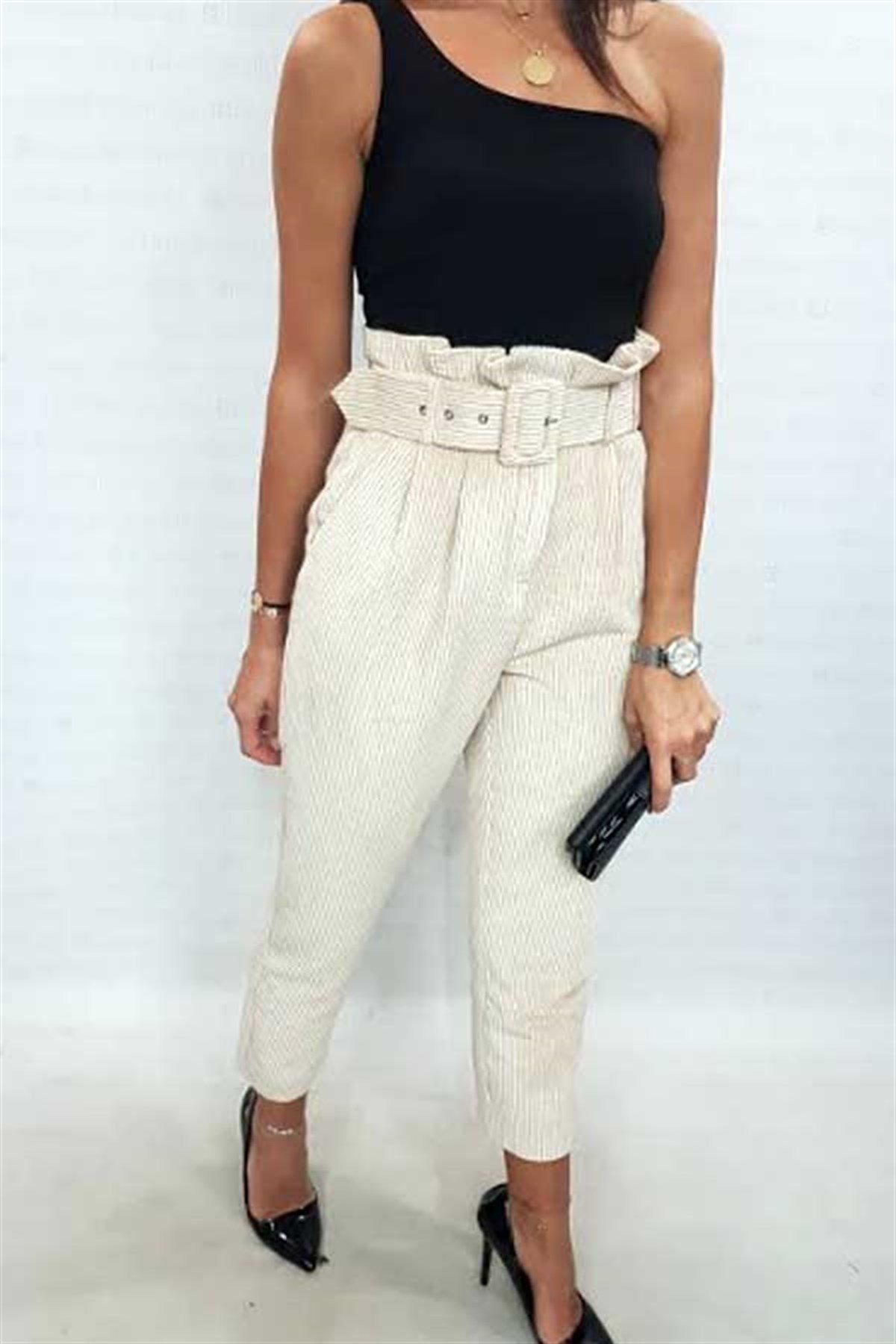 Yüksek Bel Kemerli Fitilli Kadife Pantalon