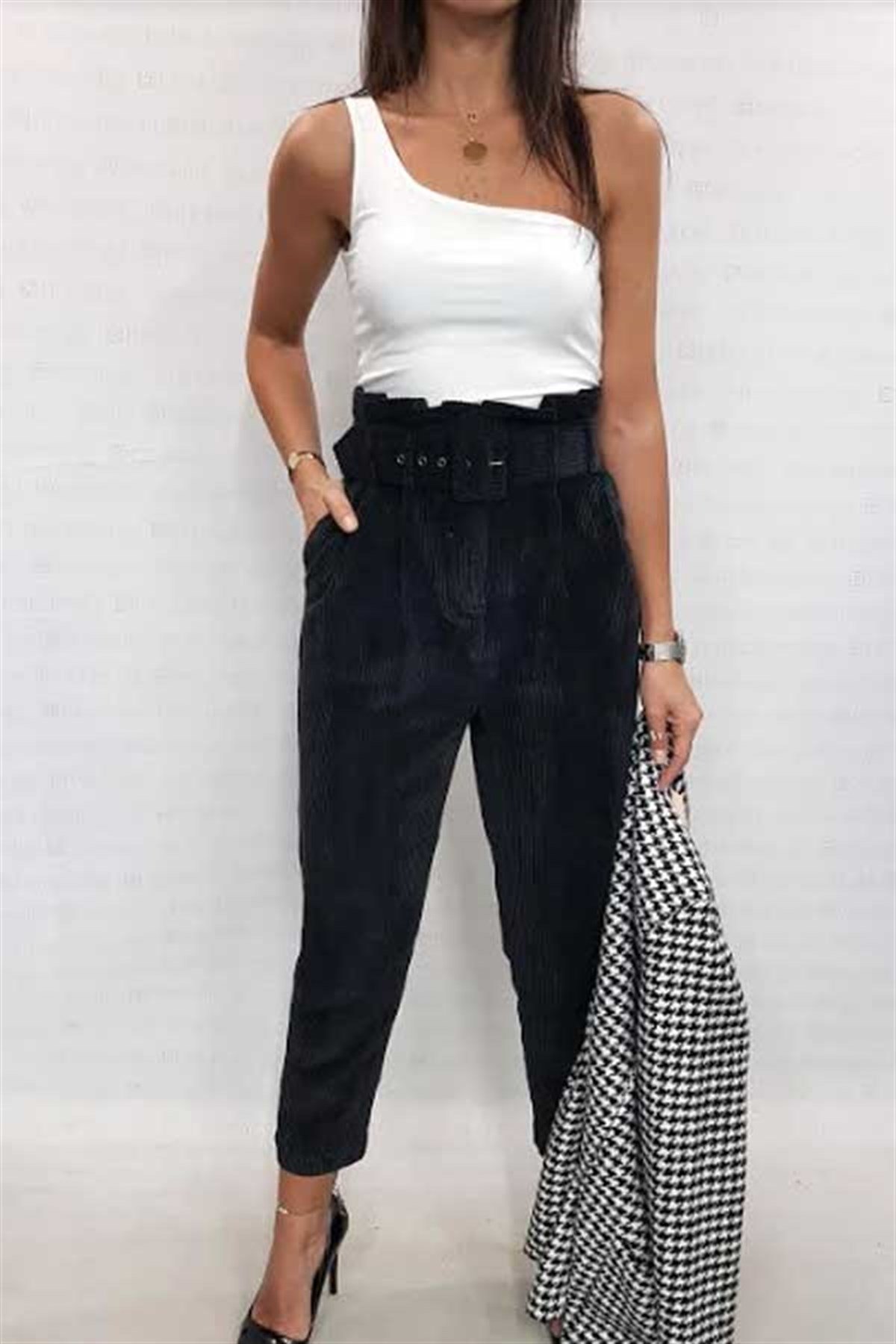 Yüksek Bel Kemerli Fitilli Kadife Pantalon