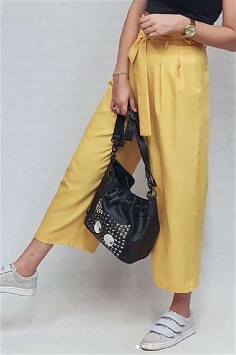 Yüksek Bel Kuşaklı Keten Pantalon