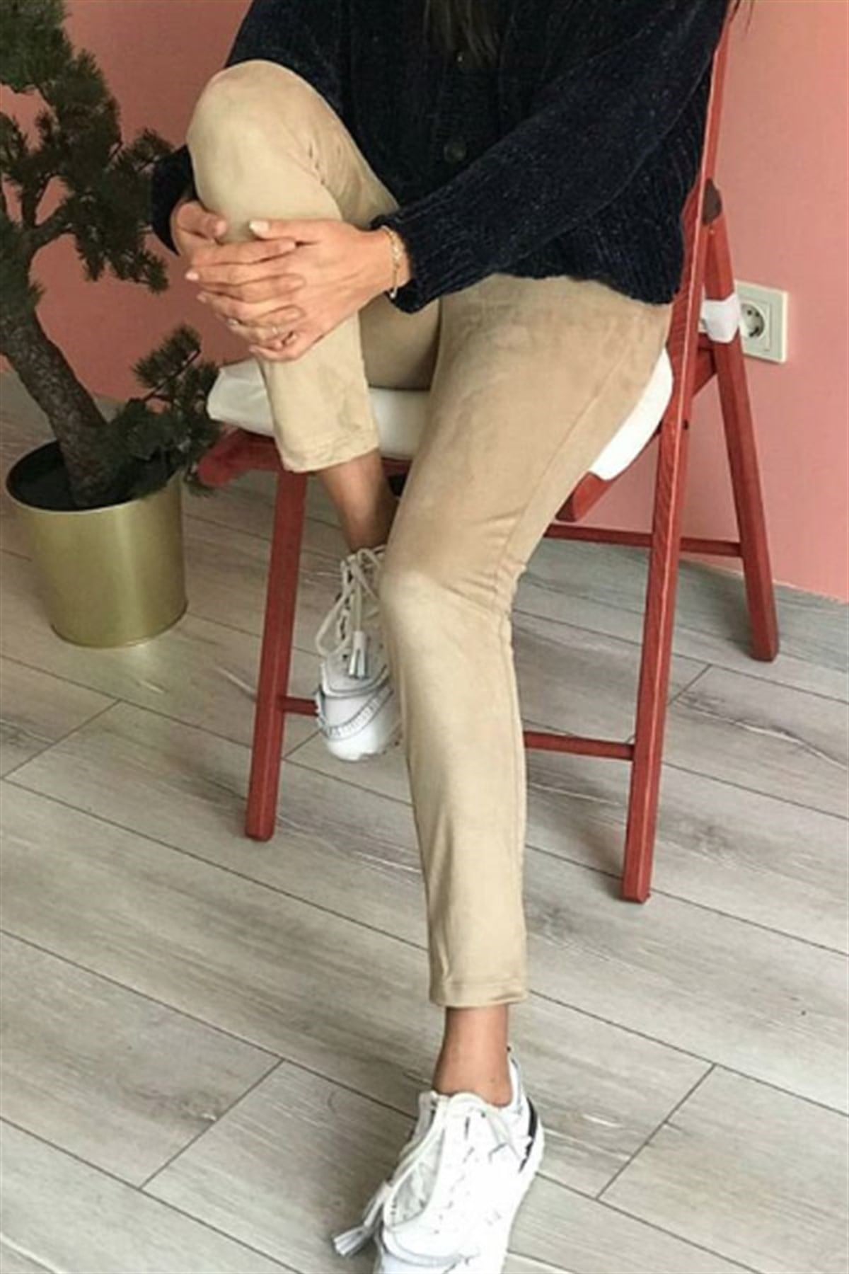 Yüksek Bel Süet Kumaş Tayt