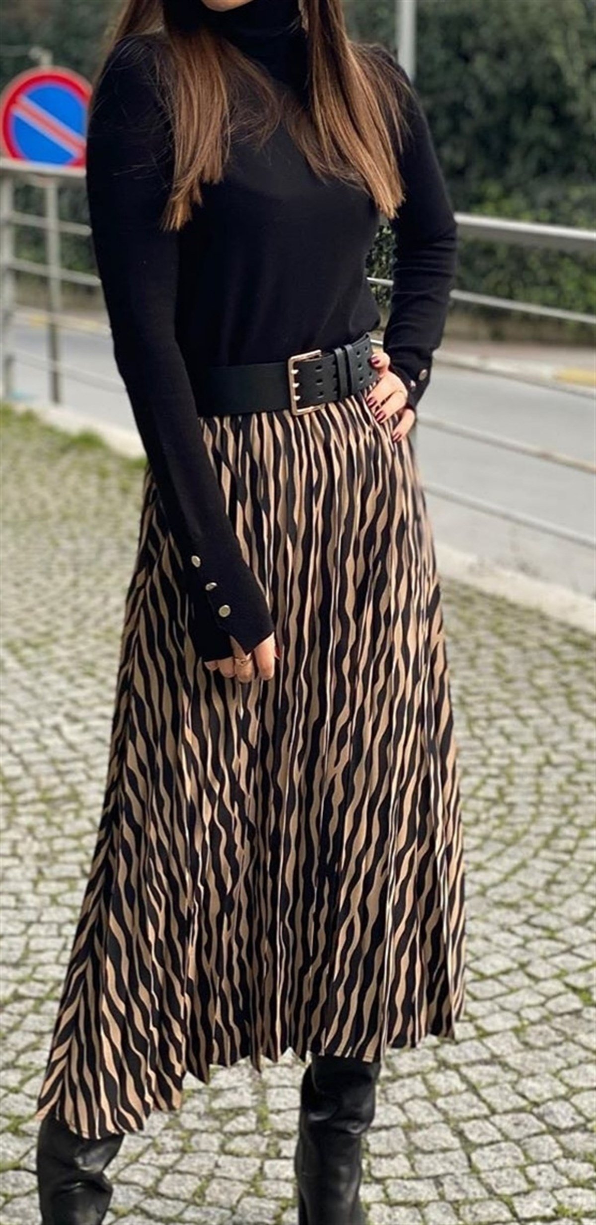 Zebra Desen Pileli Midi Etek