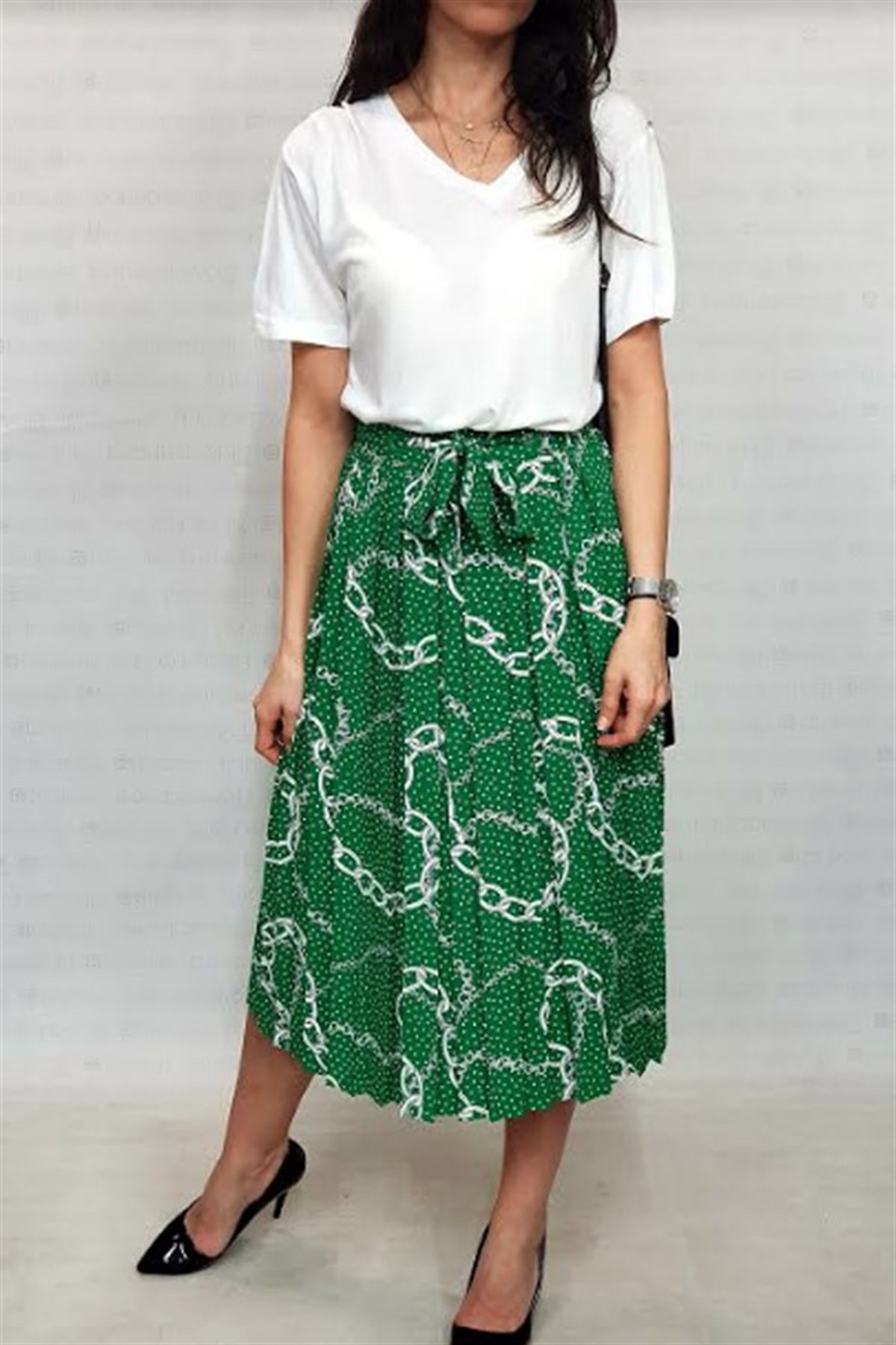 Zincir Desen Pileli Yeşil Etek