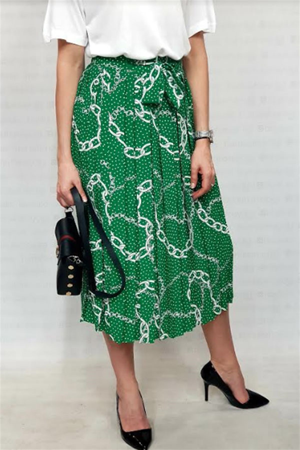 Zincir Desen Pileli Yeşil Etek