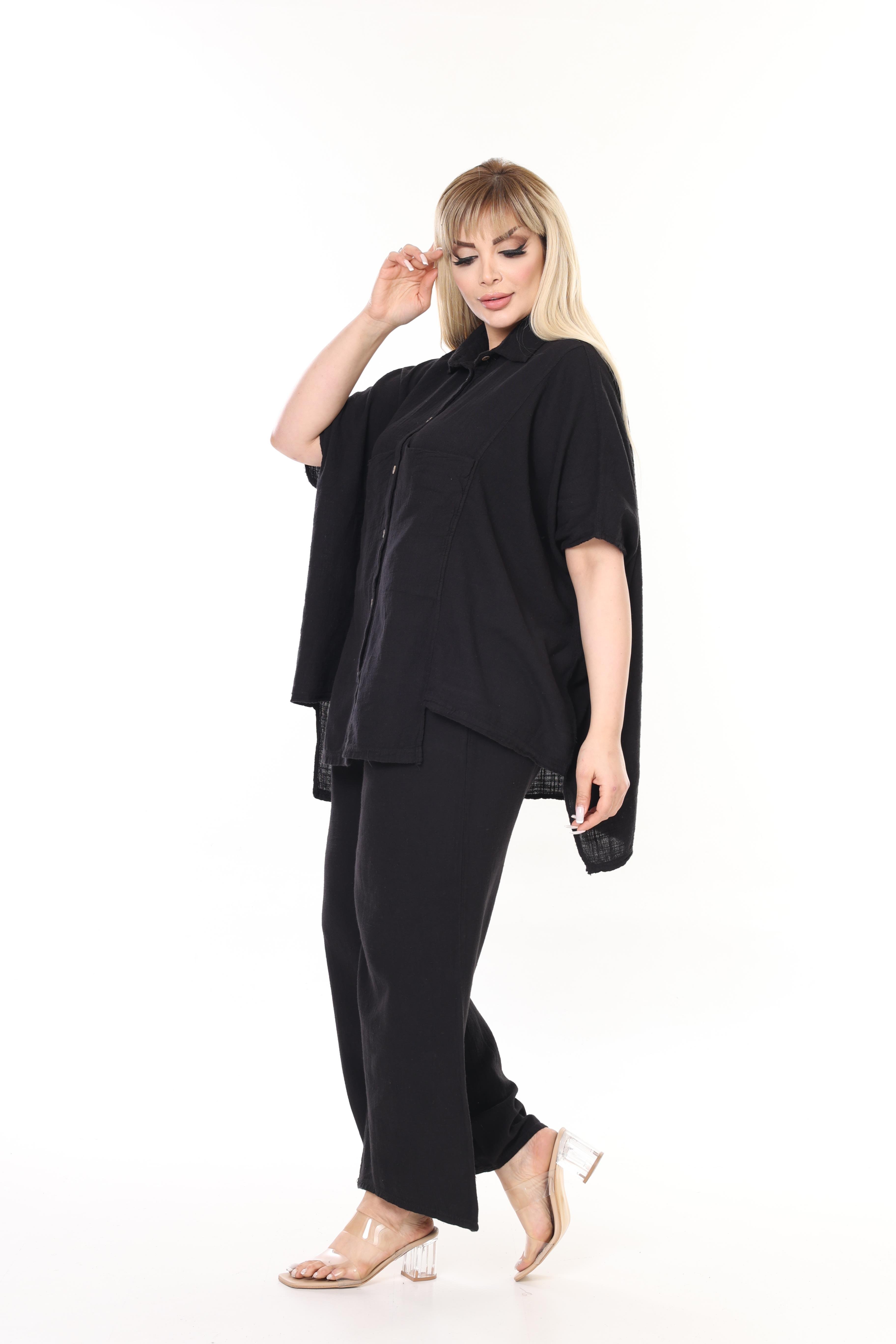 %100 Pamuk Keten Geniş Kesim Pantolon&Gömlek Takım