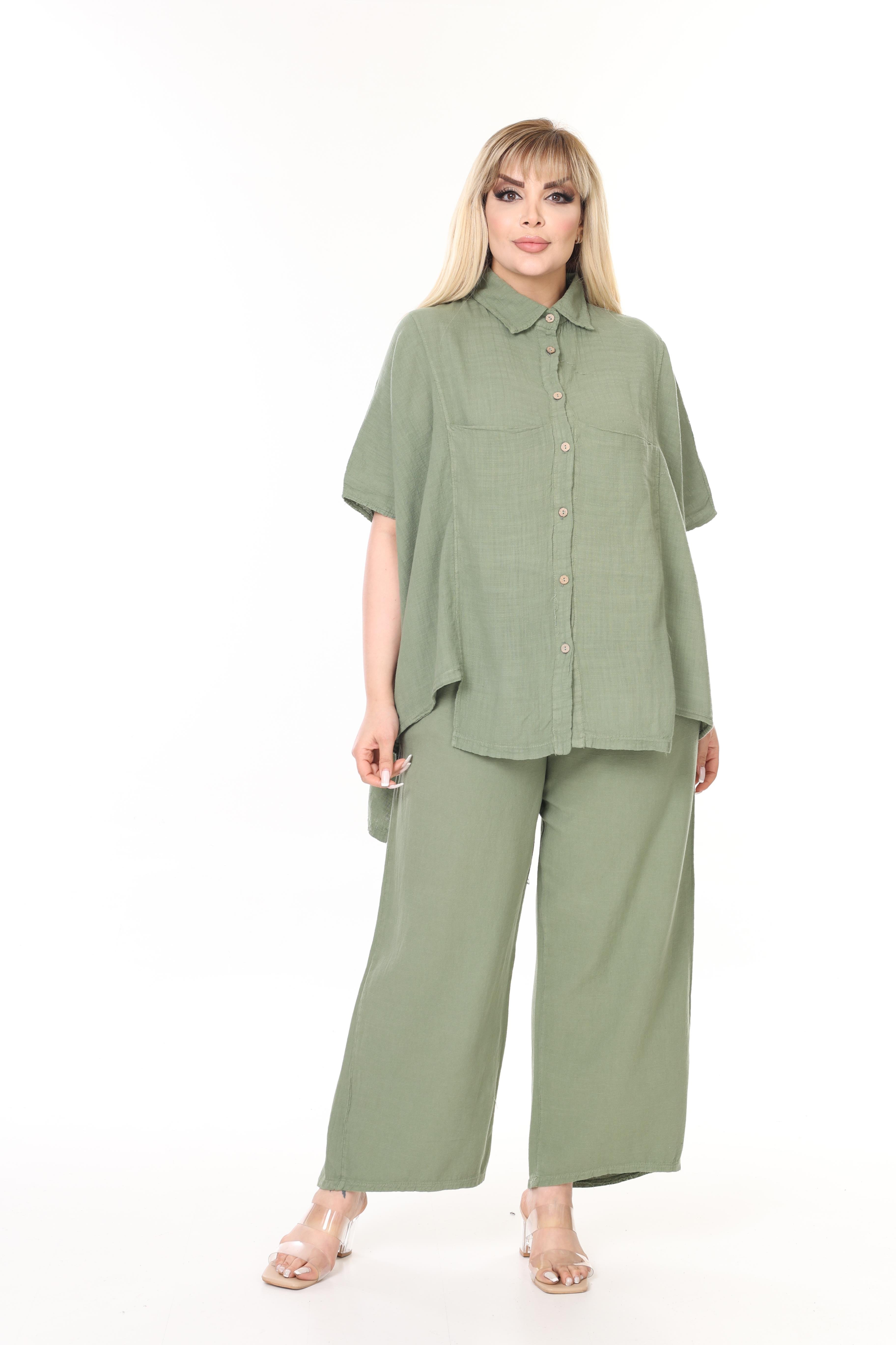 %100 Pamuk Keten Geniş Kesim Pantolon&Gömlek Takım