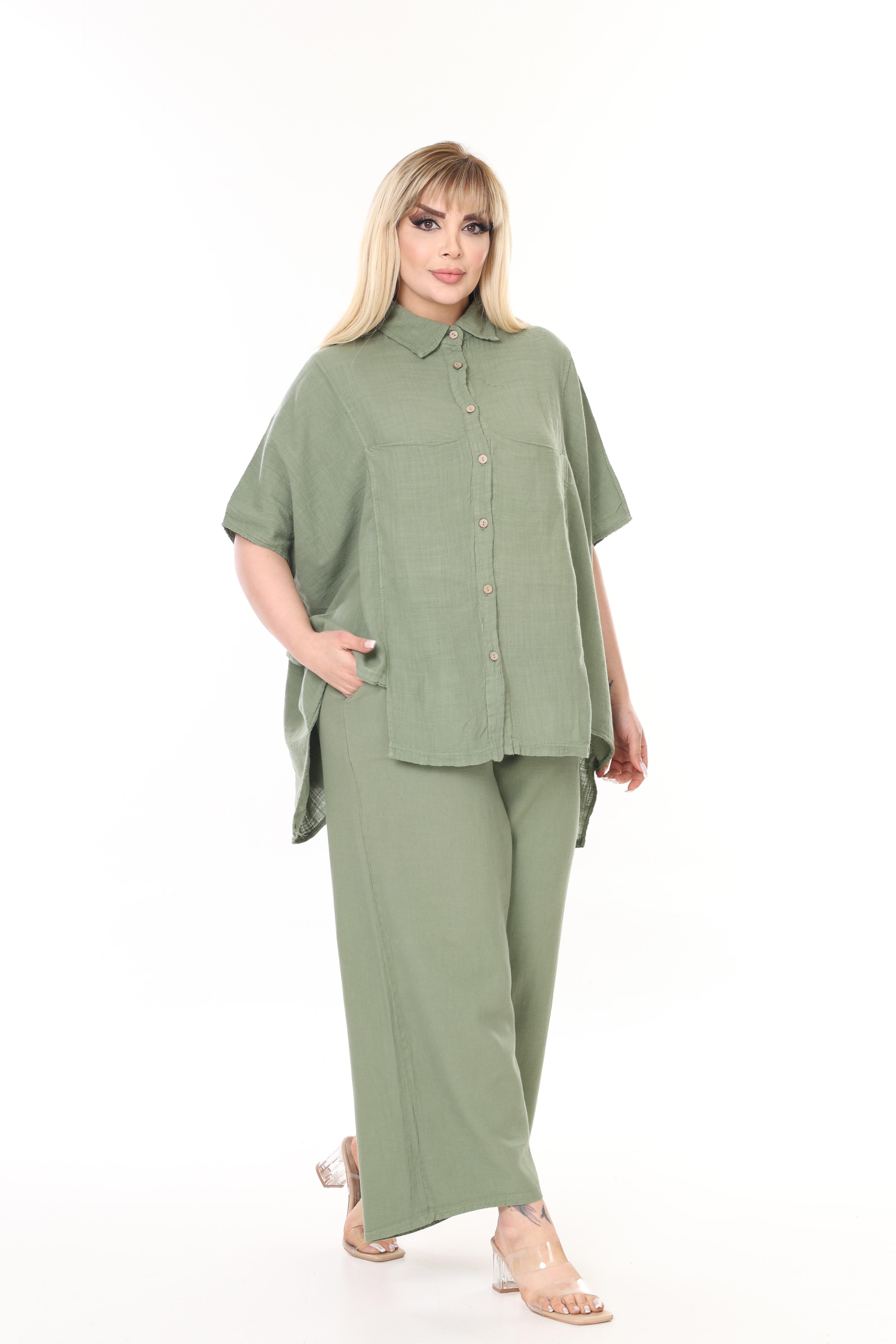 %100 Pamuk Keten Geniş Kesim Pantolon&Gömlek Takım