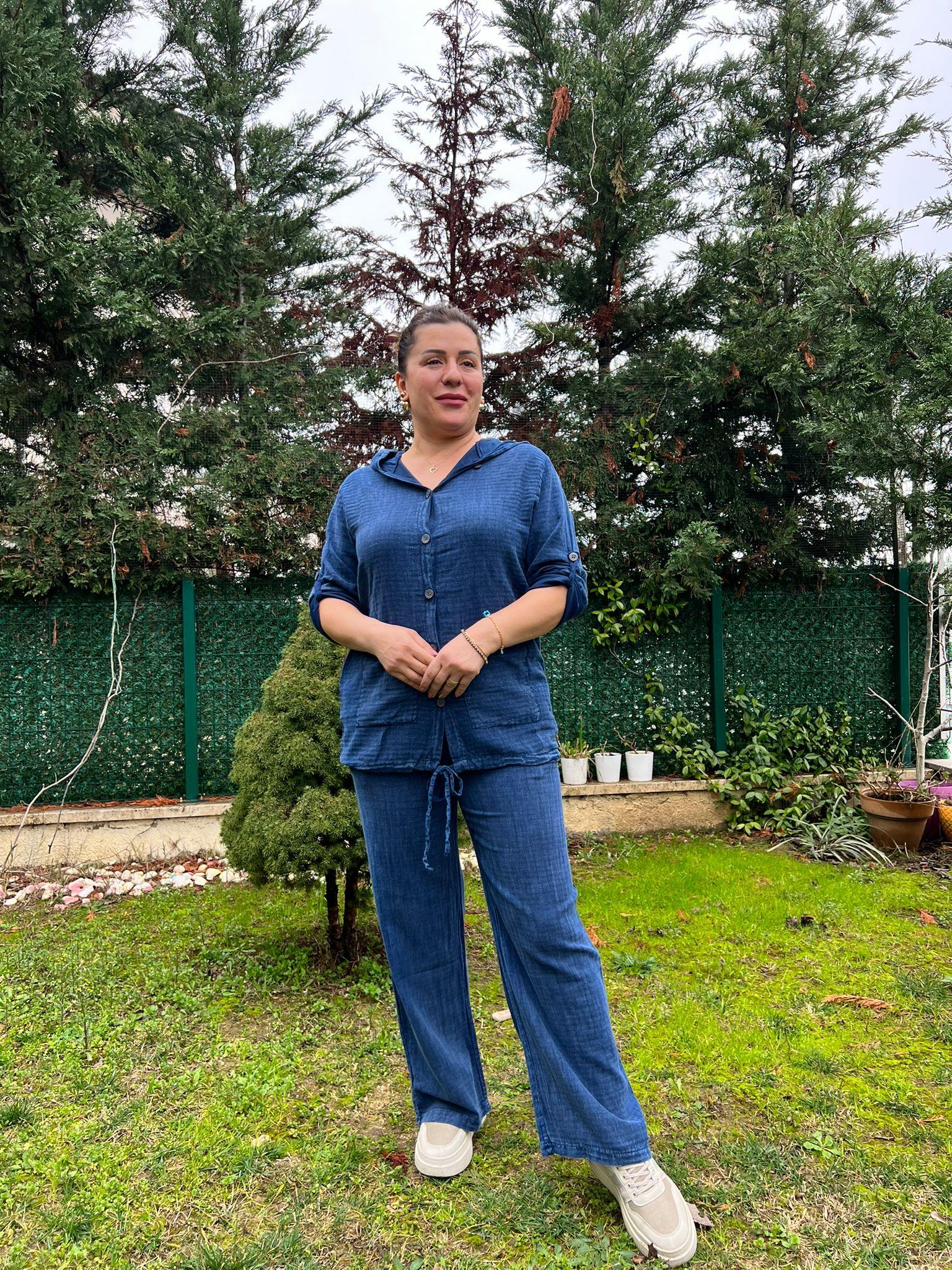 %100 Pamuk Keten Kumaş Kapşonlu Gömlek&Pantolon Takım