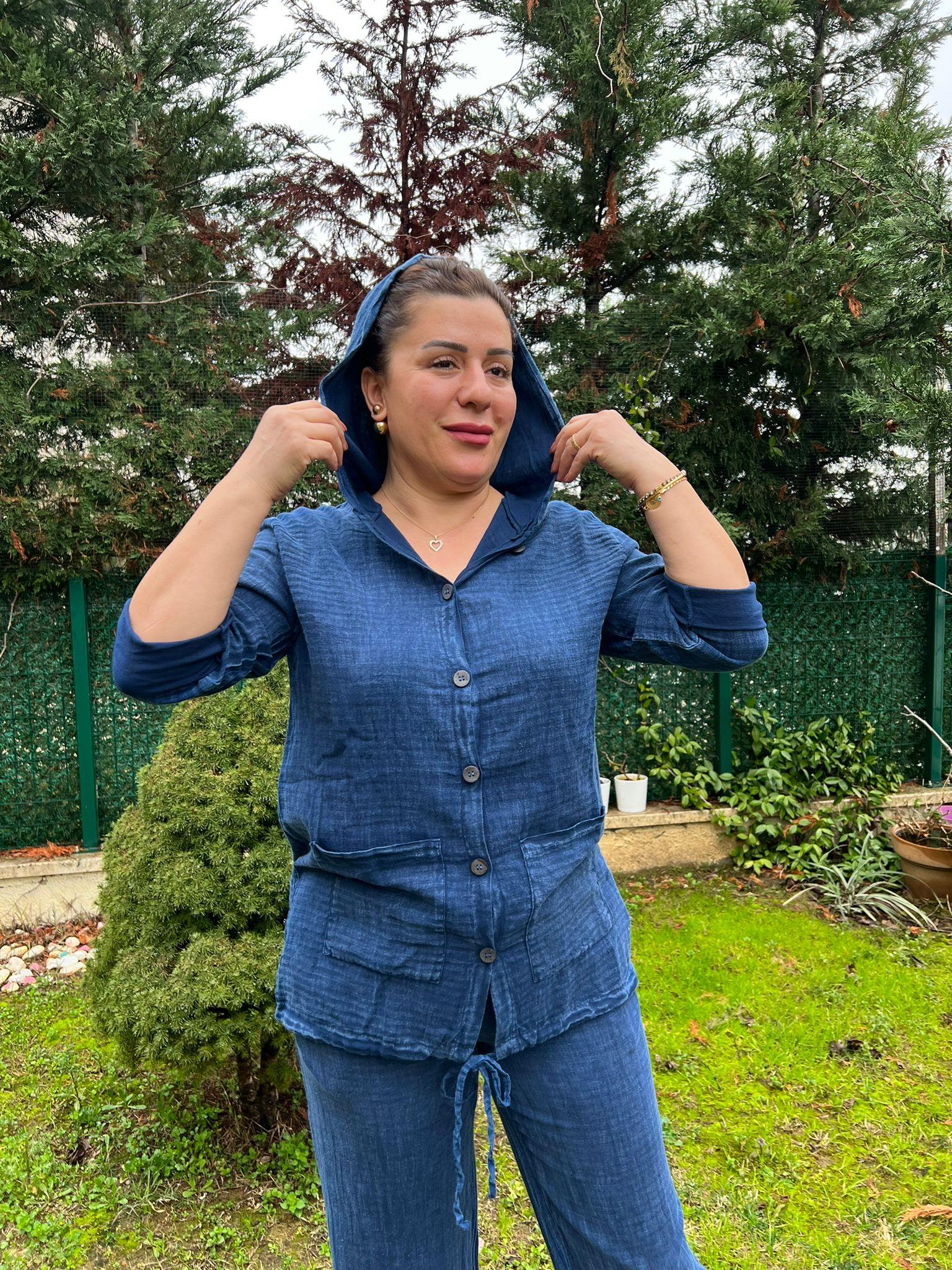 %100 Pamuk Keten Kumaş Kapşonlu Gömlek&Pantolon Takım