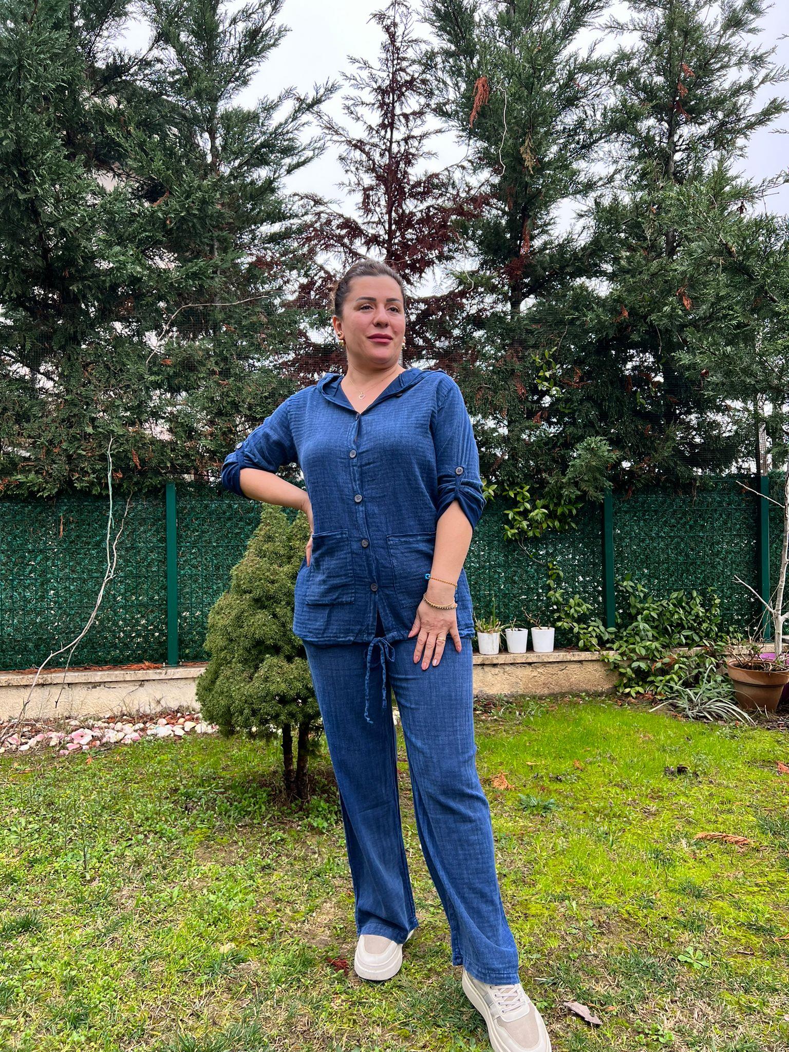 %100 Pamuk Keten Kumaş Kapşonlu Gömlek&Pantolon Takım