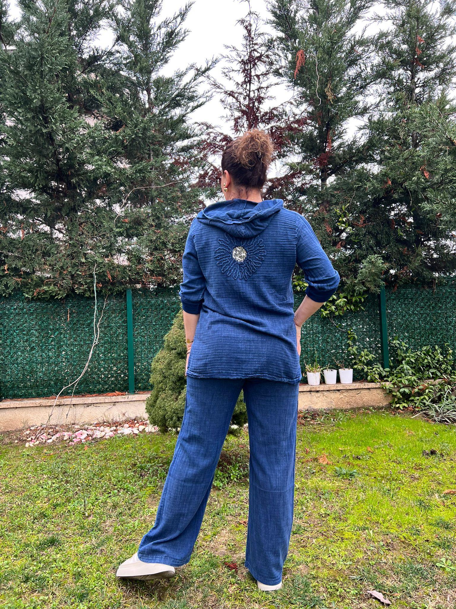 %100 Pamuk Keten Kumaş Kapşonlu Gömlek&Pantolon Takım