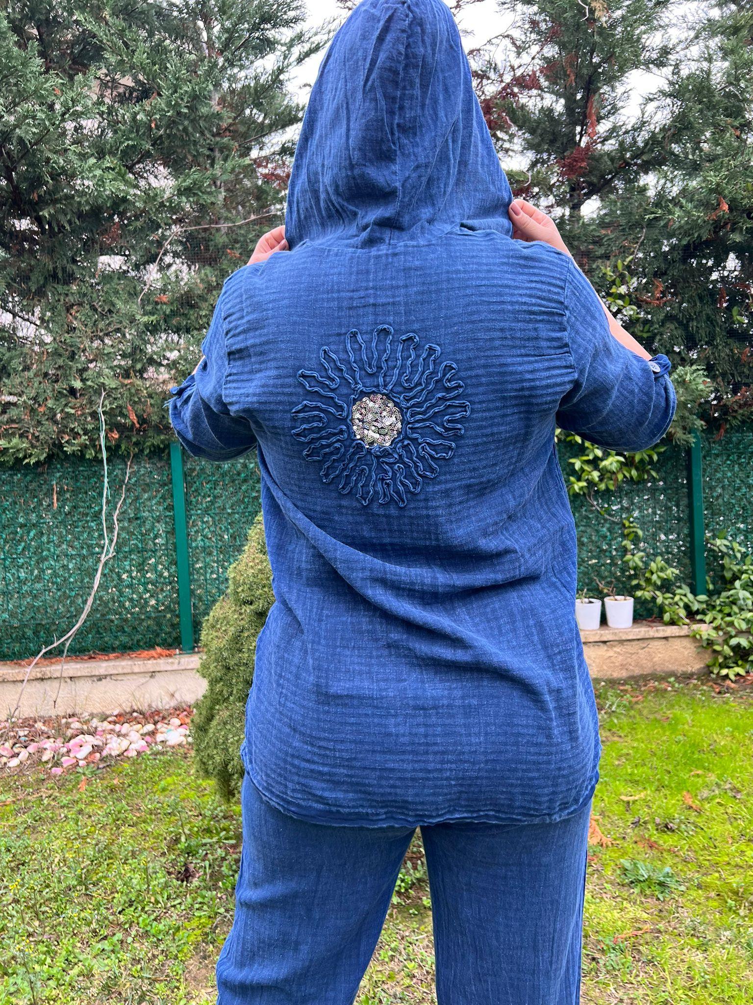 %100 Pamuk Keten Kumaş Kapşonlu Gömlek&Pantolon Takım