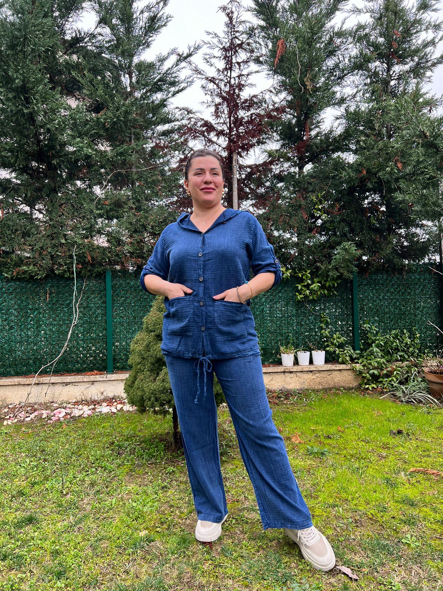 %100 Pamuk Keten Kumaş Kapşonlu Gömlek&Pantolon Takım