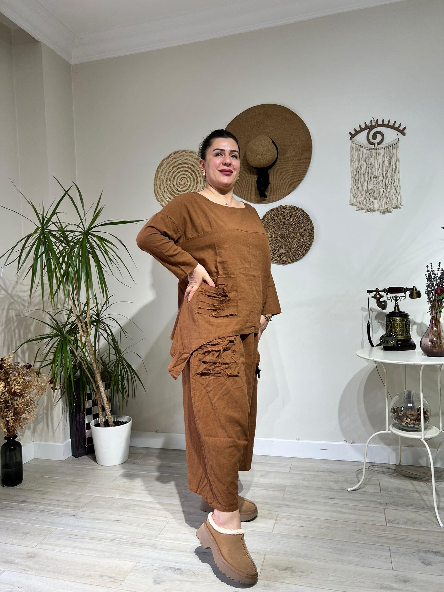 %100 Pamuk Keten Otantik Tarz Şalvar Takım