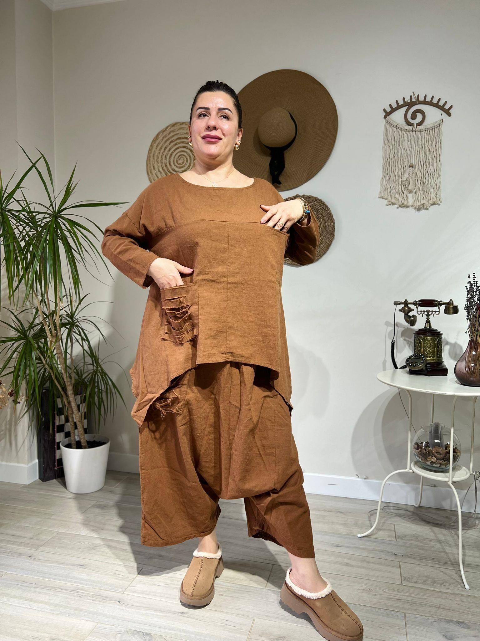 %100 Pamuk Keten Otantik Tarz Şalvar Takım
