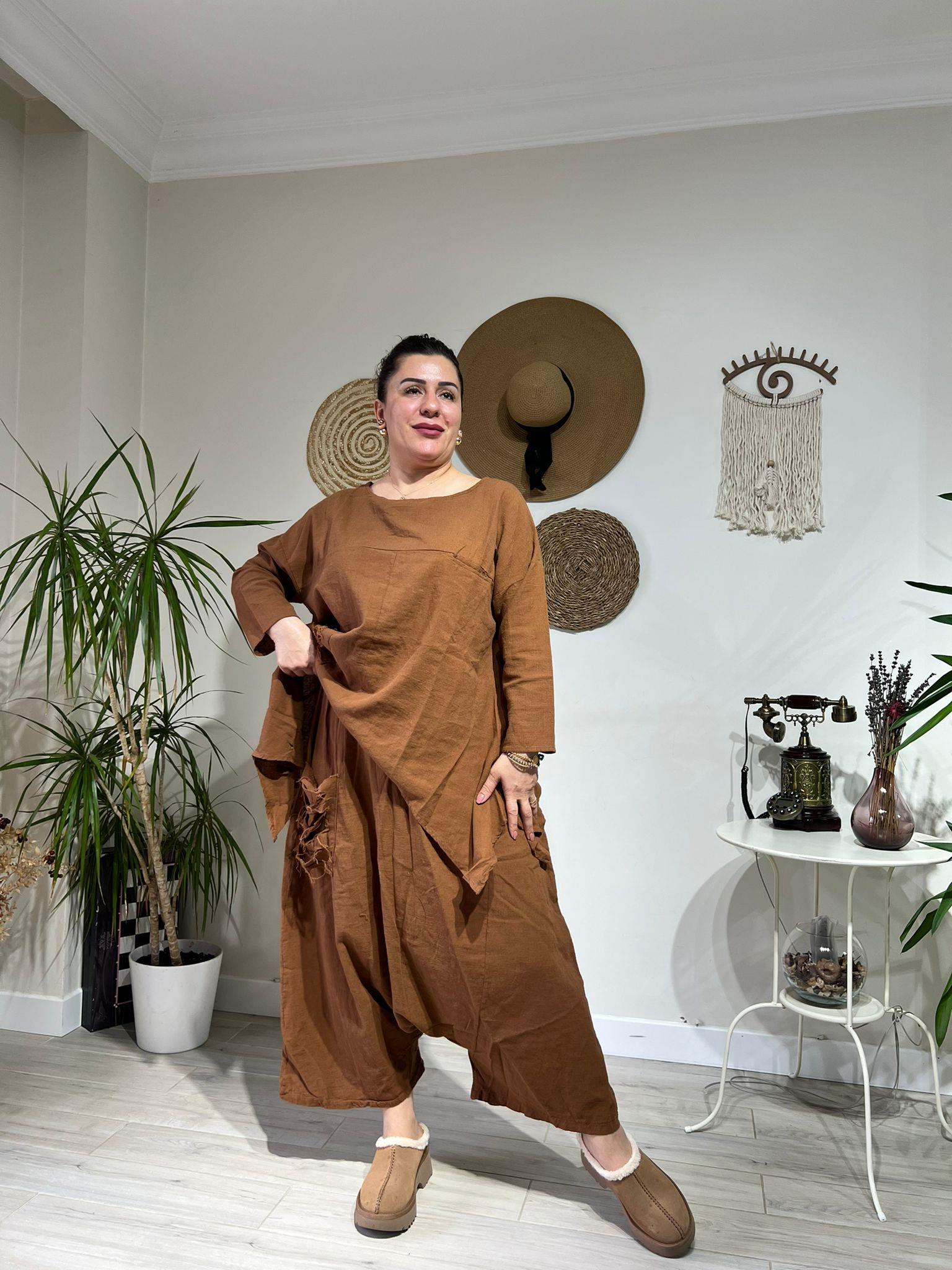 %100 Pamuk Keten Otantik Tarz Şalvar Takım