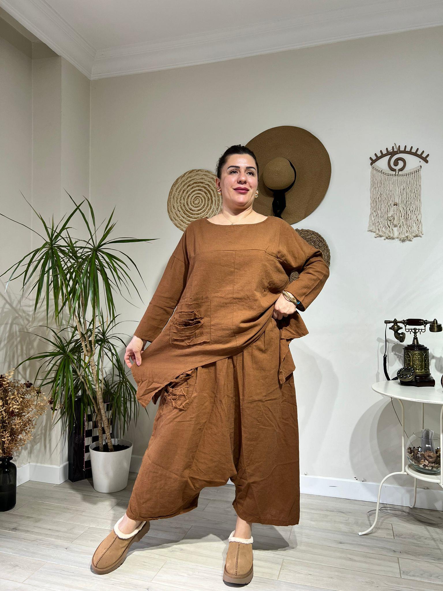 %100 Pamuk Keten Otantik Tarz Şalvar Takım