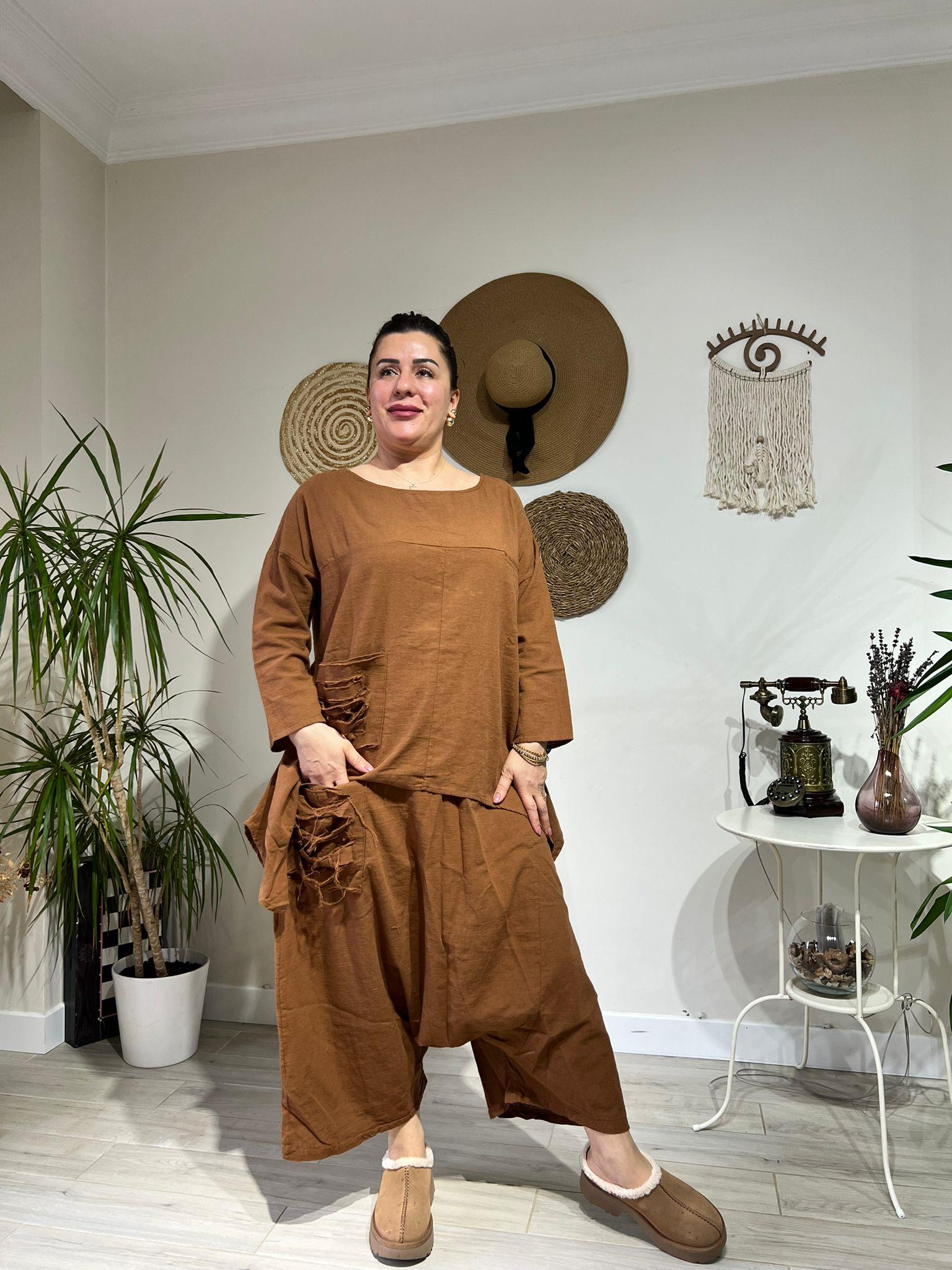 %100 Pamuk Keten Otantik Tarz Şalvar Takım