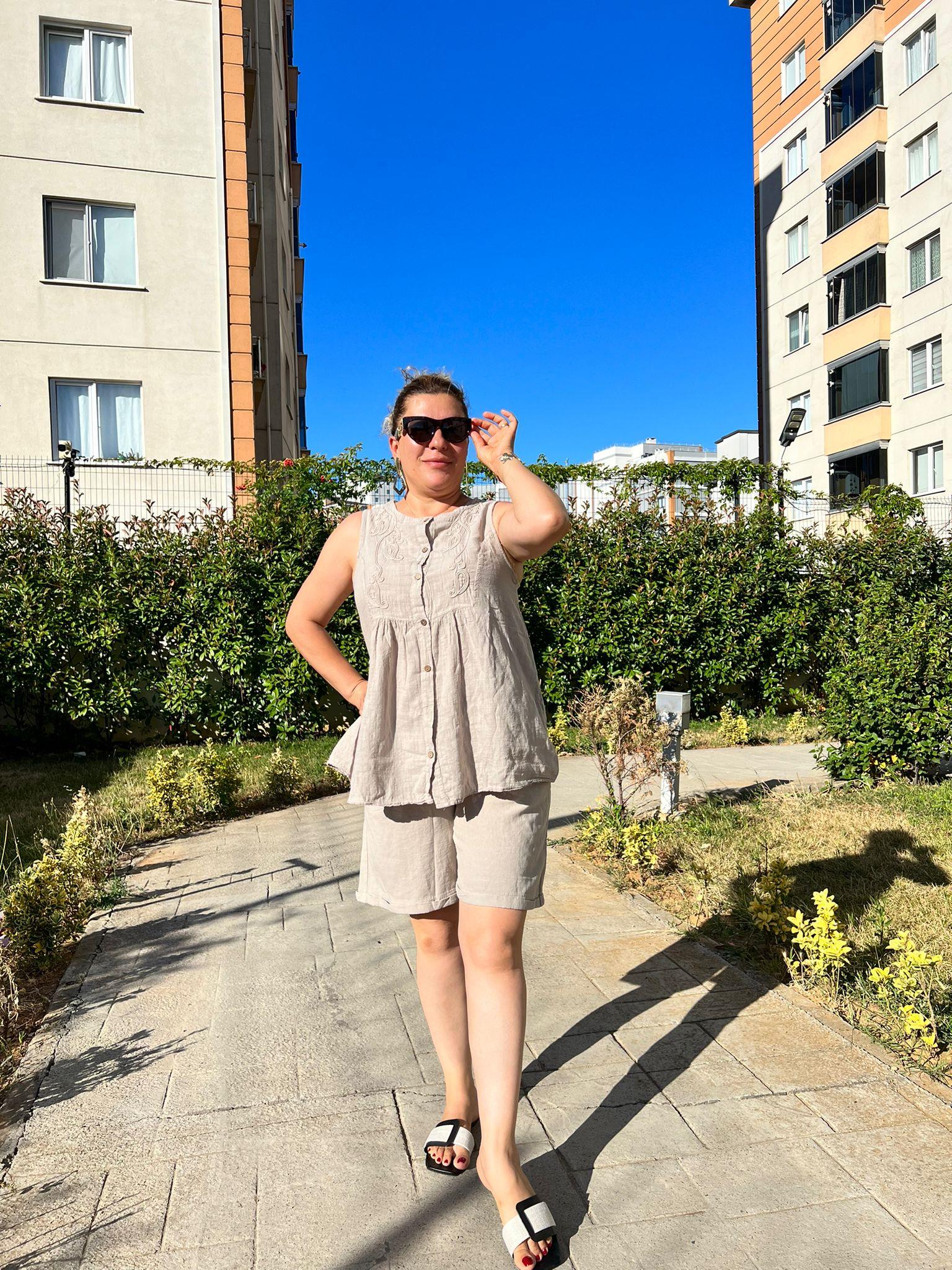 %100 Pamuk Keten Şort & Tunik Takım