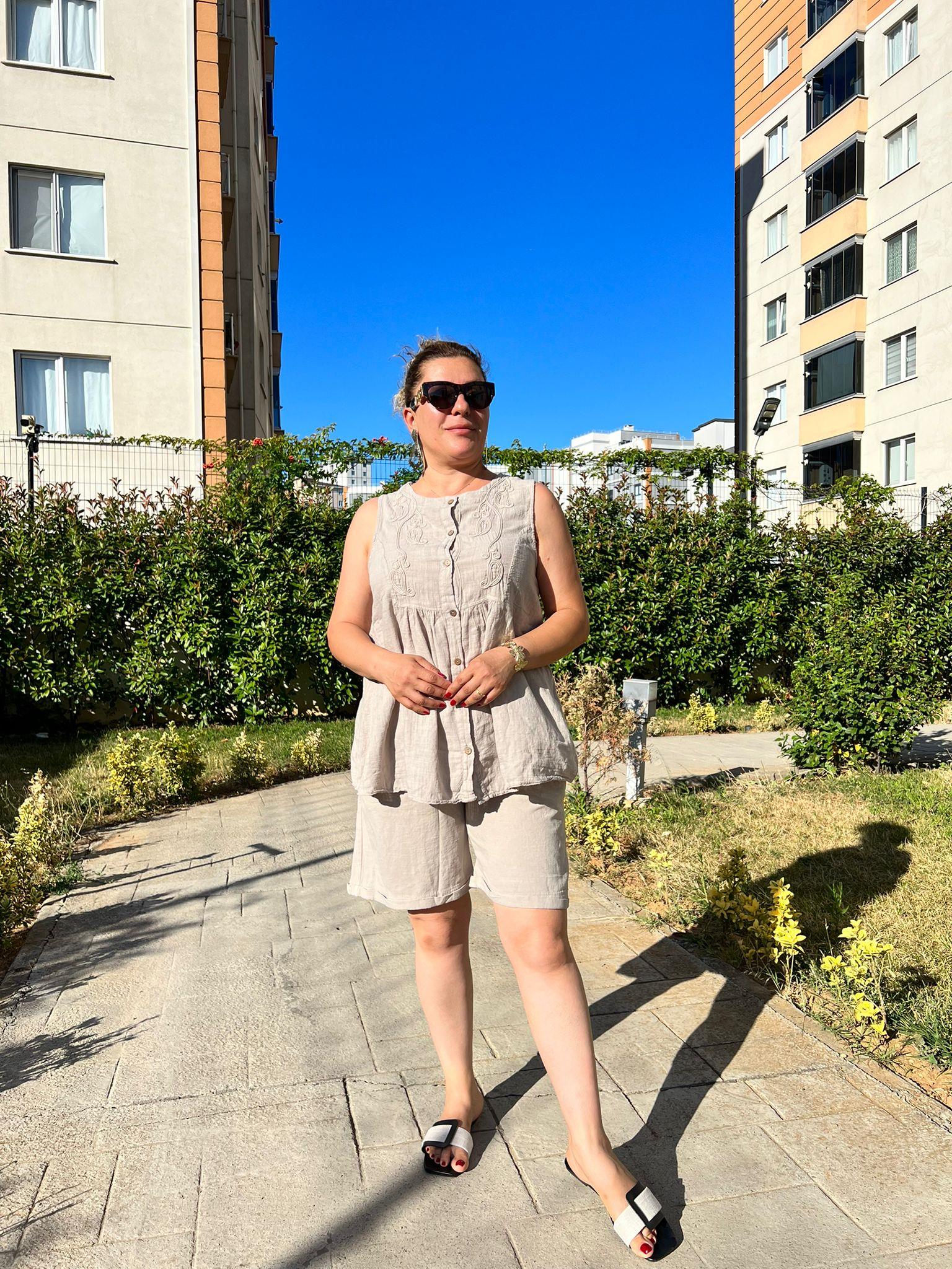 %100 Pamuk Keten Şort & Tunik Takım