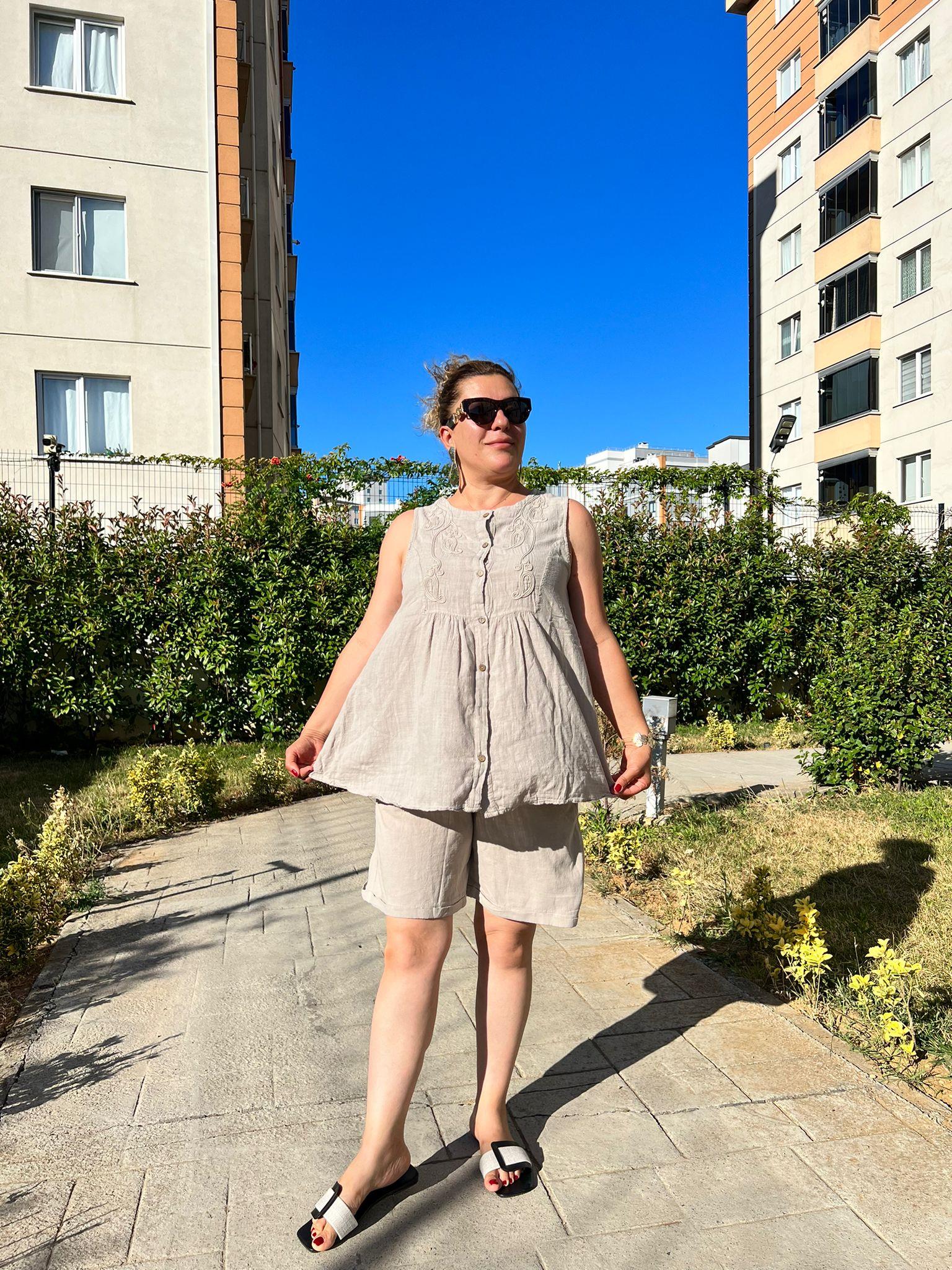 %100 Pamuk Keten Şort & Tunik Takım