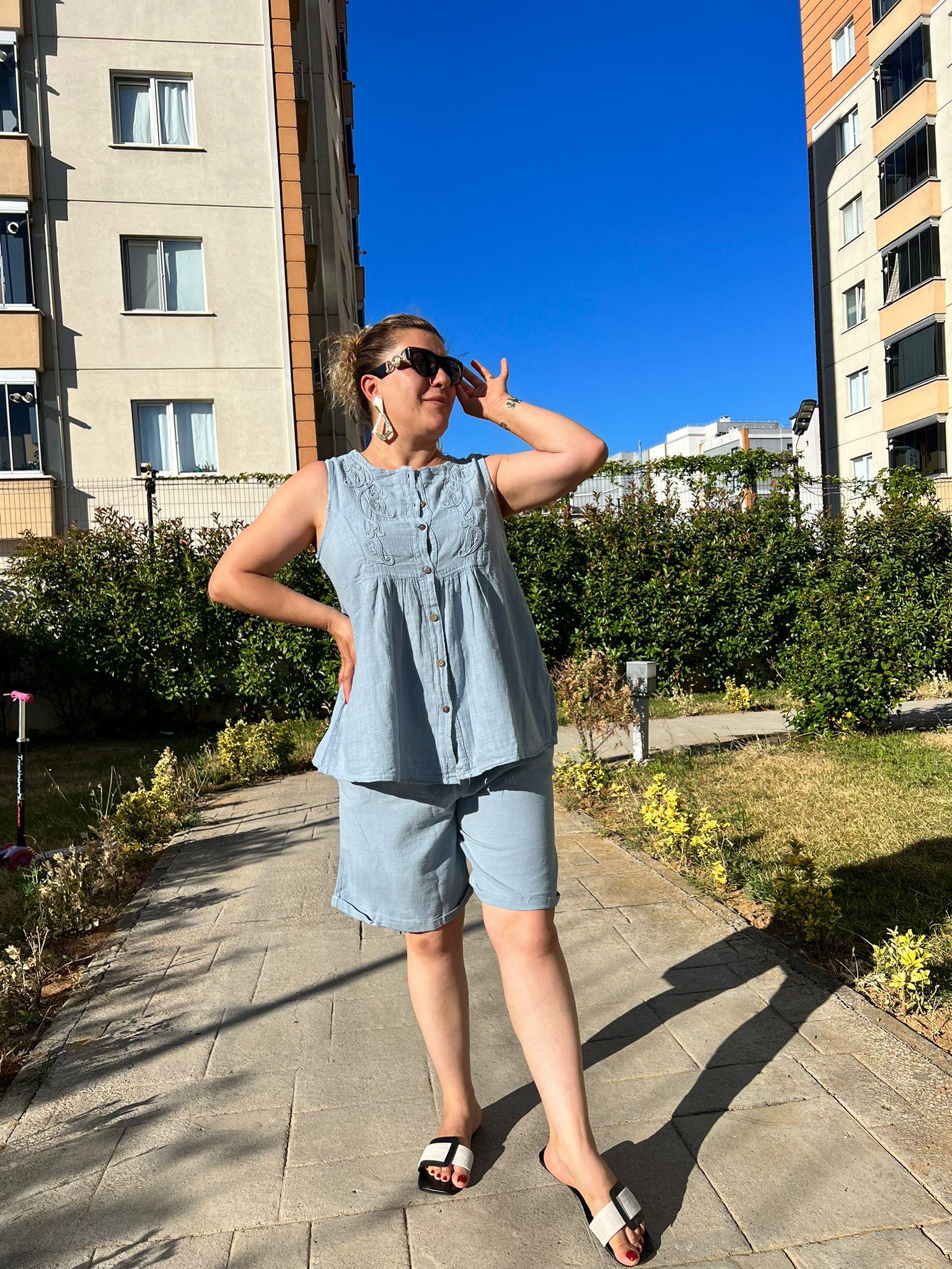 %100 Pamuk Keten Şort & Tunik Takım