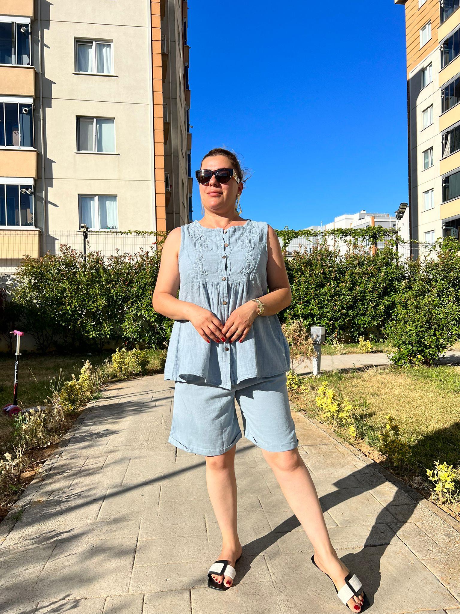 %100 Pamuk Keten Şort & Tunik Takım